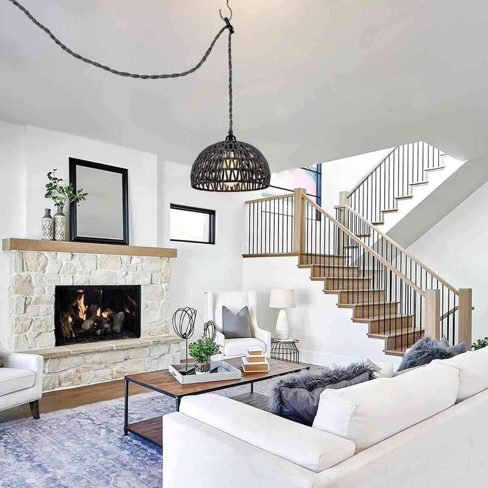 Arcomead Black Woven Rattan Pendant Light With Hemp Cord - Coastal Chandelier For Home Decor