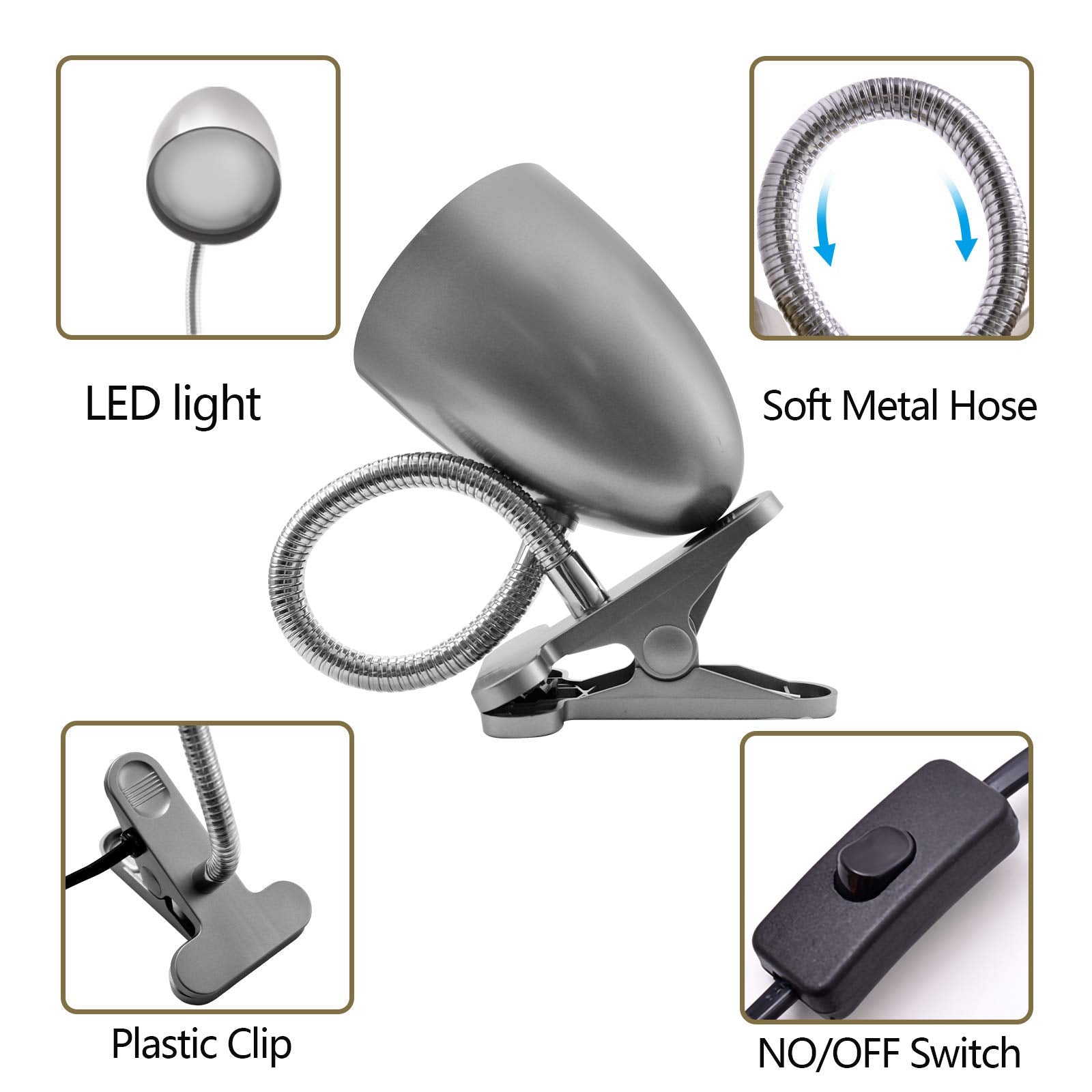 Energetic Lighting Desk Lamp, 3.5W 240 LM Gooseneck Clip Light, 4000K Cool White, Silver, Model MTSL1001BYS