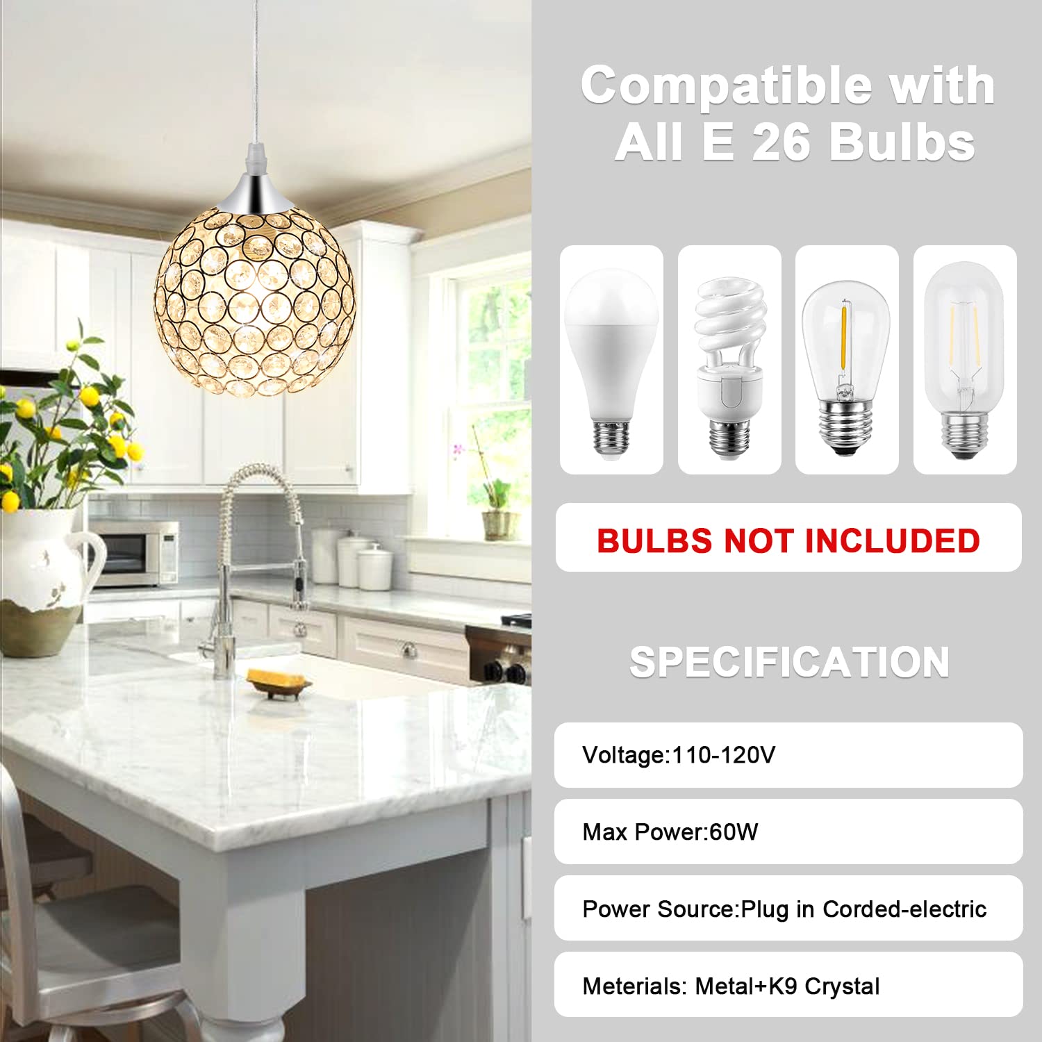 TISLYCO Plug-in Crystal Chandelier Light, Metal, 7.7”x6”, 13.12ft Cord, Elegant Hanging Pendant for Kitchen Island, Bedroom, Dining Room
