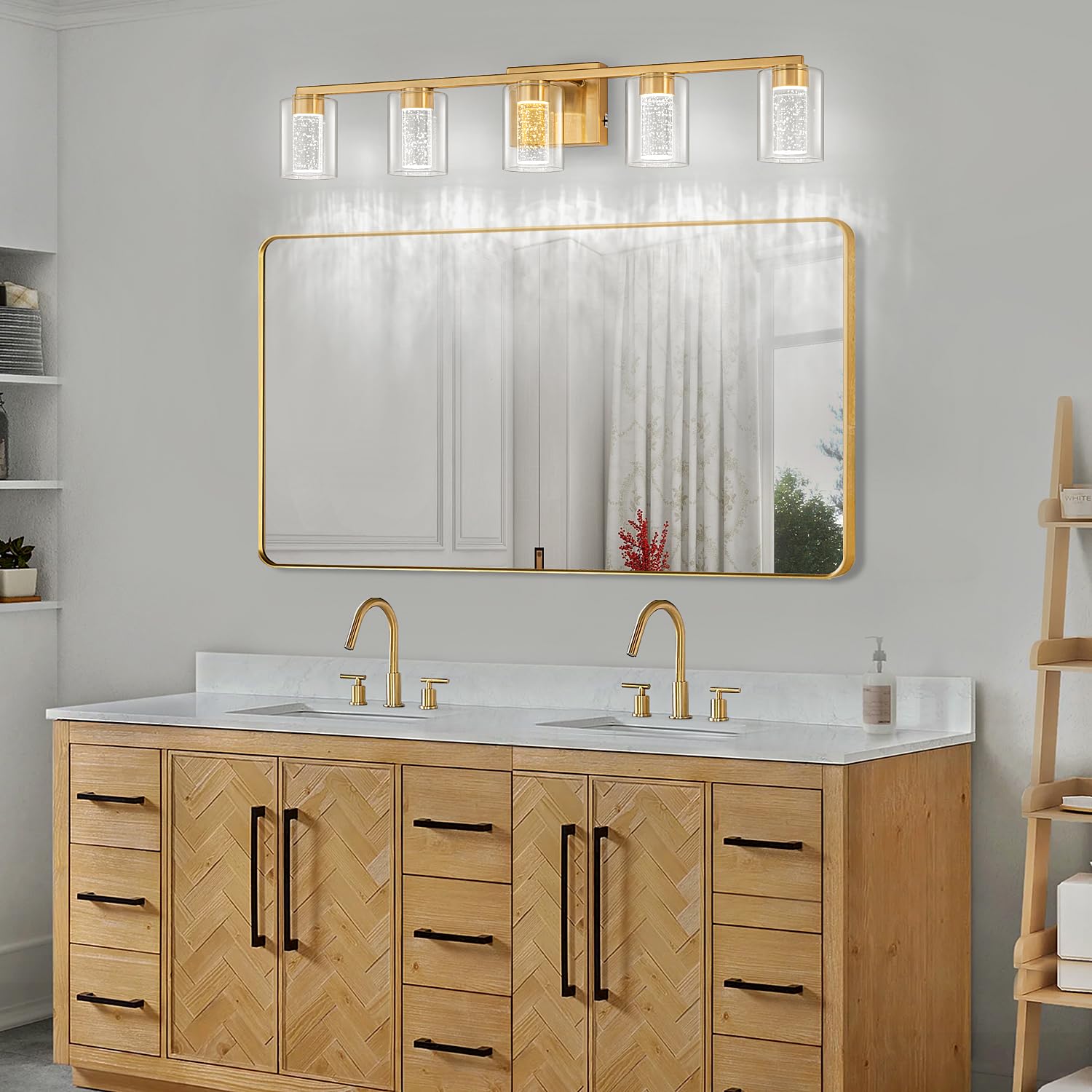 SineRise 5-Light Gold Vanity Light, Dimmable LED Fixture with 3 Color Modes, Stainless Steel, Clear Glass Shade