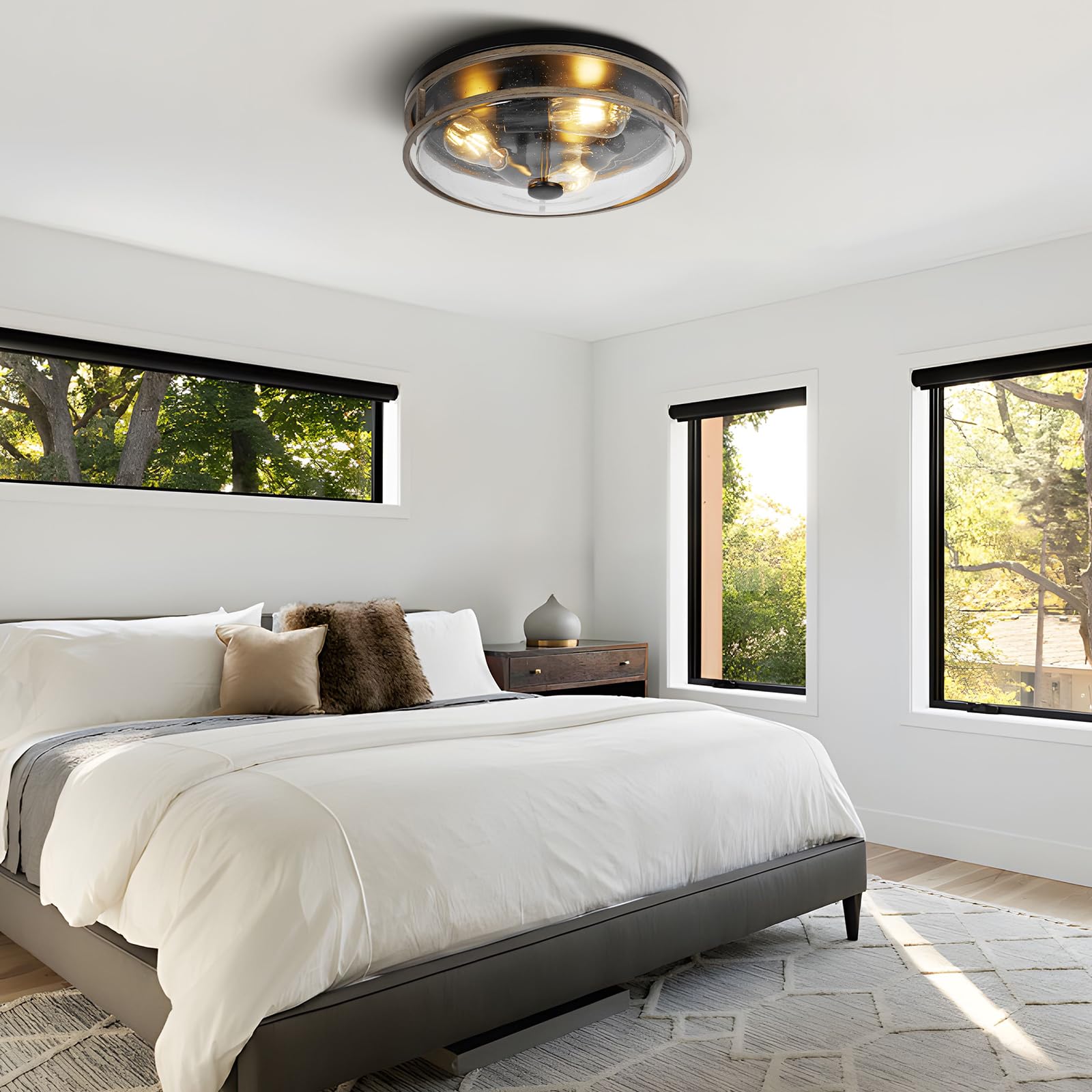 Rosient 16 Inch Large Flush Mount Ceiling Light Fixture With Seeded Glass, Wood Grain Round Ceiling Lamp Shade, Modern Farmhouse