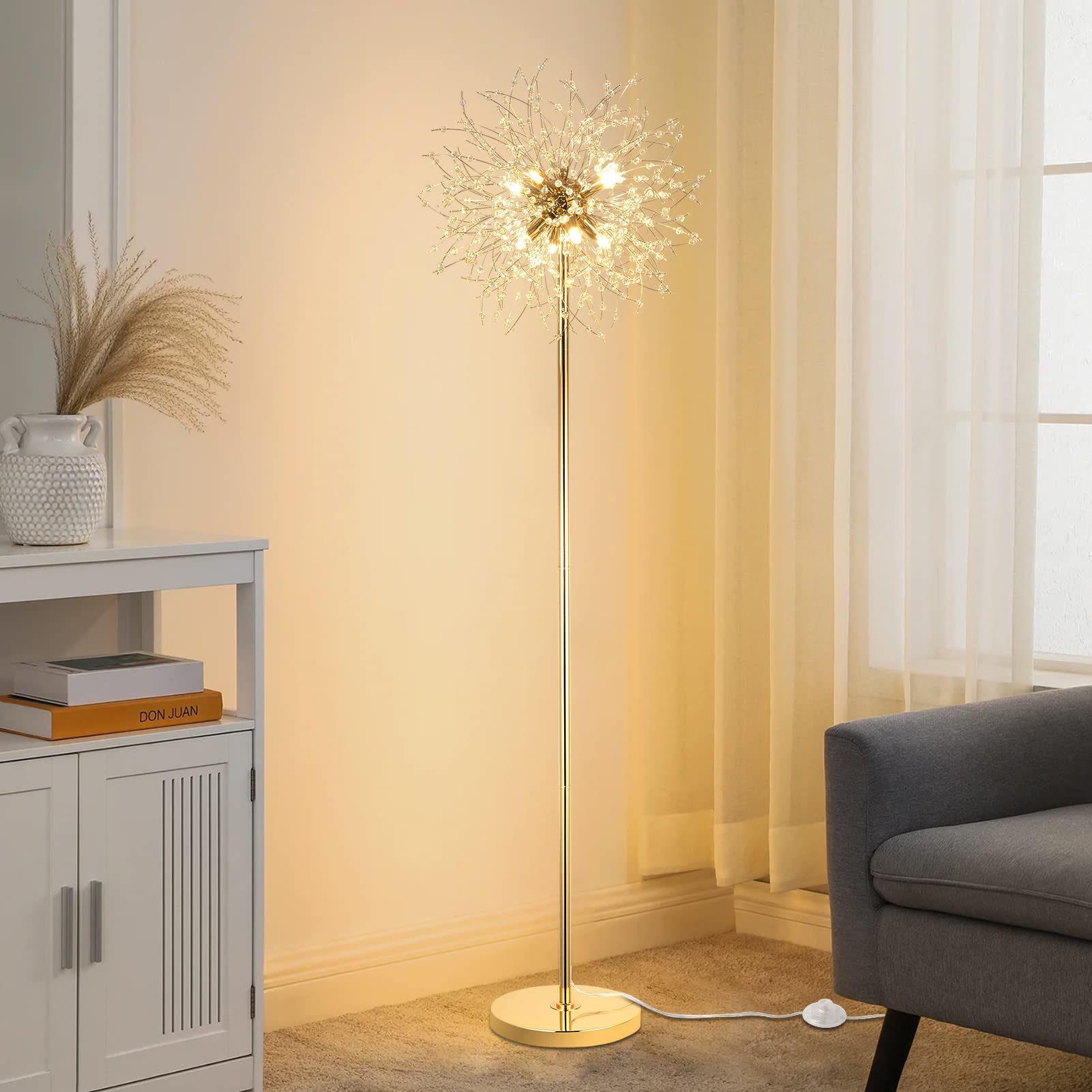 69 Inch Crystal Floor Lamp, Modern Standing Lamp With K9 Crystal, Led Floor Lamp With On/Off Foot Switch, Metal Tall Pole Lamp For Living Room, Girls Room, Bedroom, Dresser, Office, Gold Finish