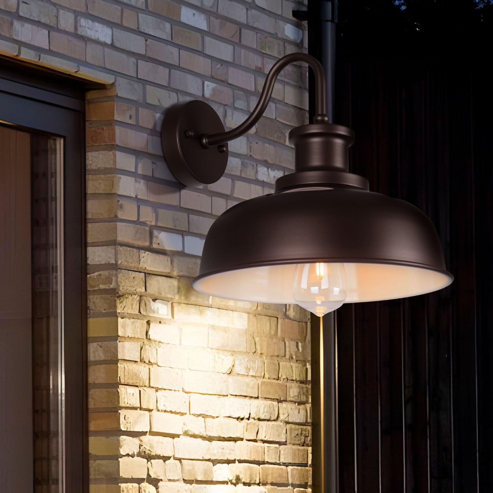 Diyel Solar Barn Light, Gooseneck Outdoor Wall Sconce, Metal, 2 Pack, Orb+White, Model RZSR007-2 OW, Rustic Industrial Design