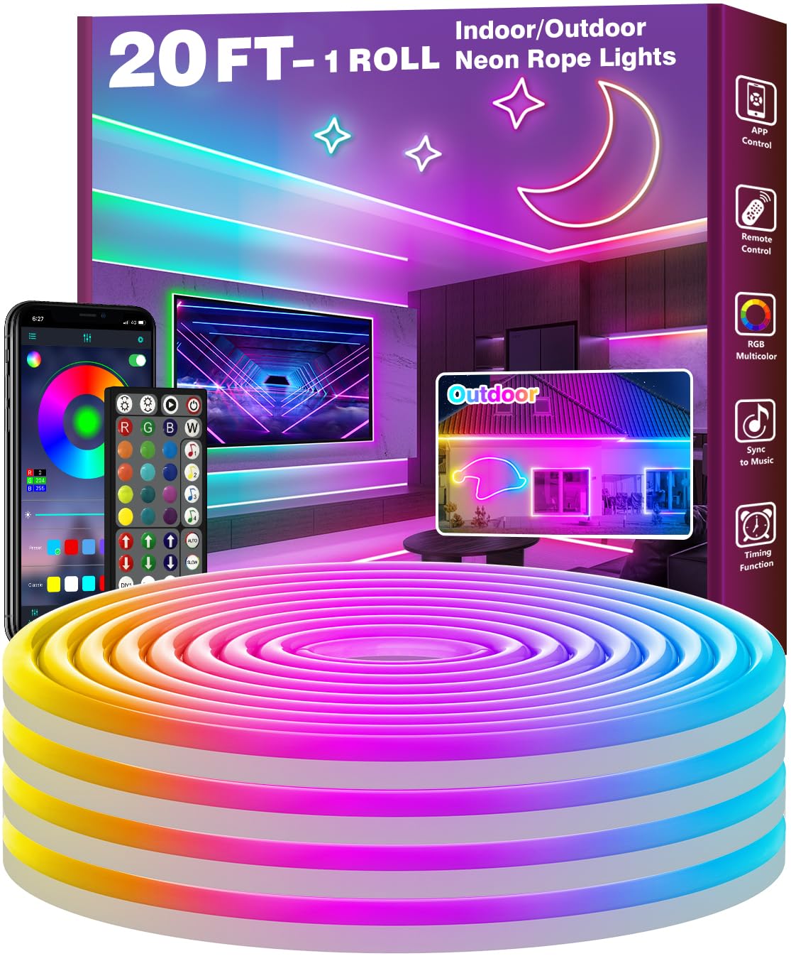 20ft Led Rode Designs FBZ 20Ft Neon Rope Lights, RGB LED with App/Remote Control, Waterproof ...