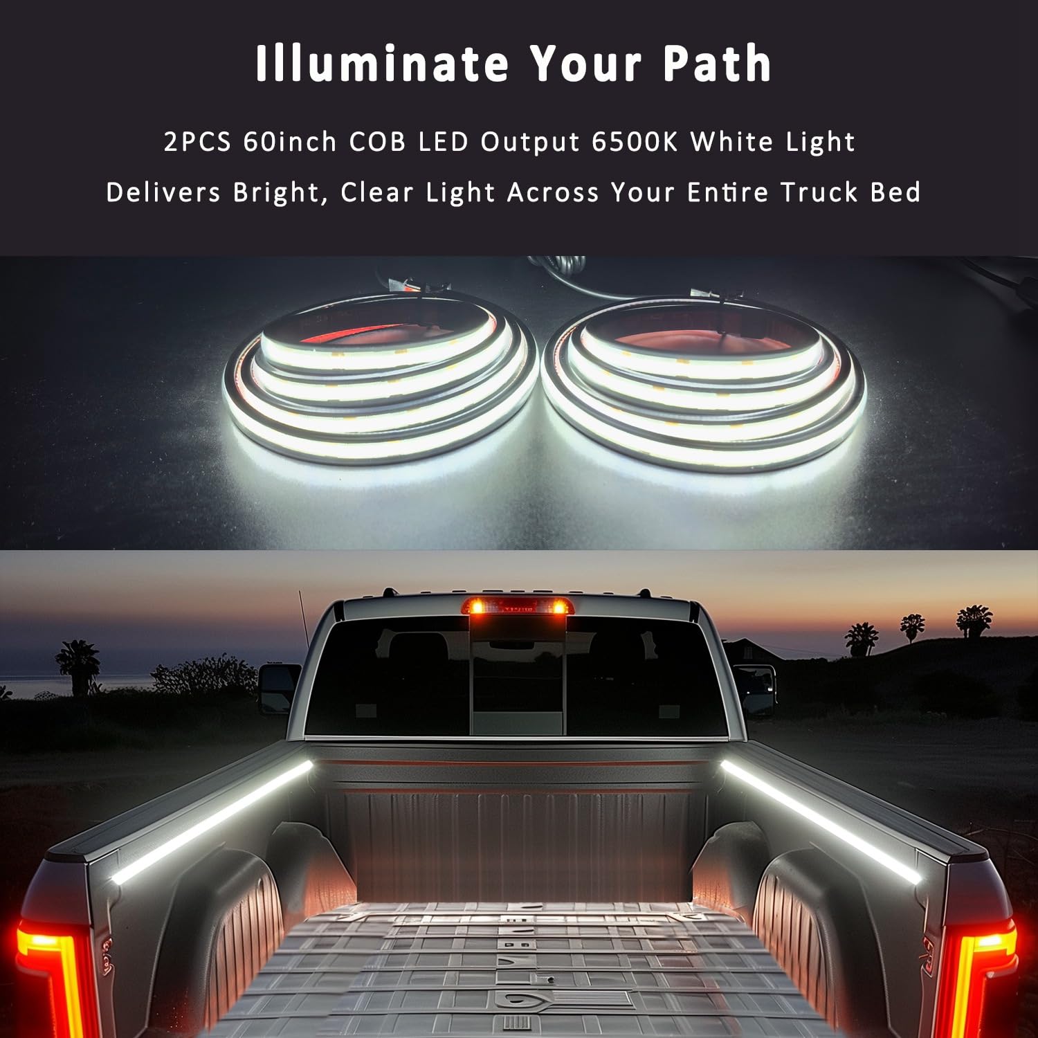 AUTUNEER 60Inch Truck Bed Lights, 2Pcs COB LED Light Strip, Waterproof, 12V, White Light, Model YHH-COB-2PCS