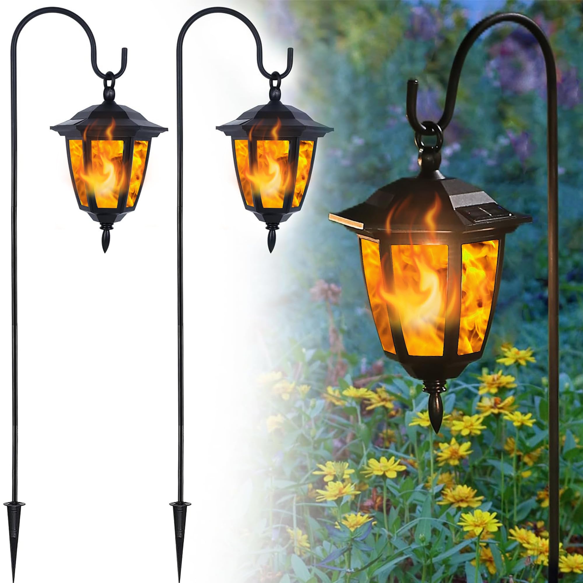 Dynaming 2 Pack Solar Flame Hanging Lights Outdoor, Solar Flickering Flame LED Garden Lanterns with 2 x 38 Inch Shepherd Hooks, 