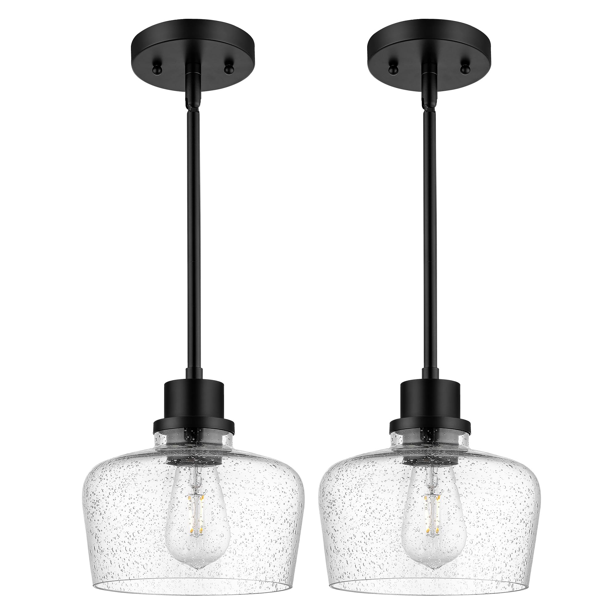 Emak 2 Pack Pendant Lights Kitchen Island, 8 Inch Black Pendant Light With Seeded Glass Shade, Modern Farmhouse Hanging Light Fi