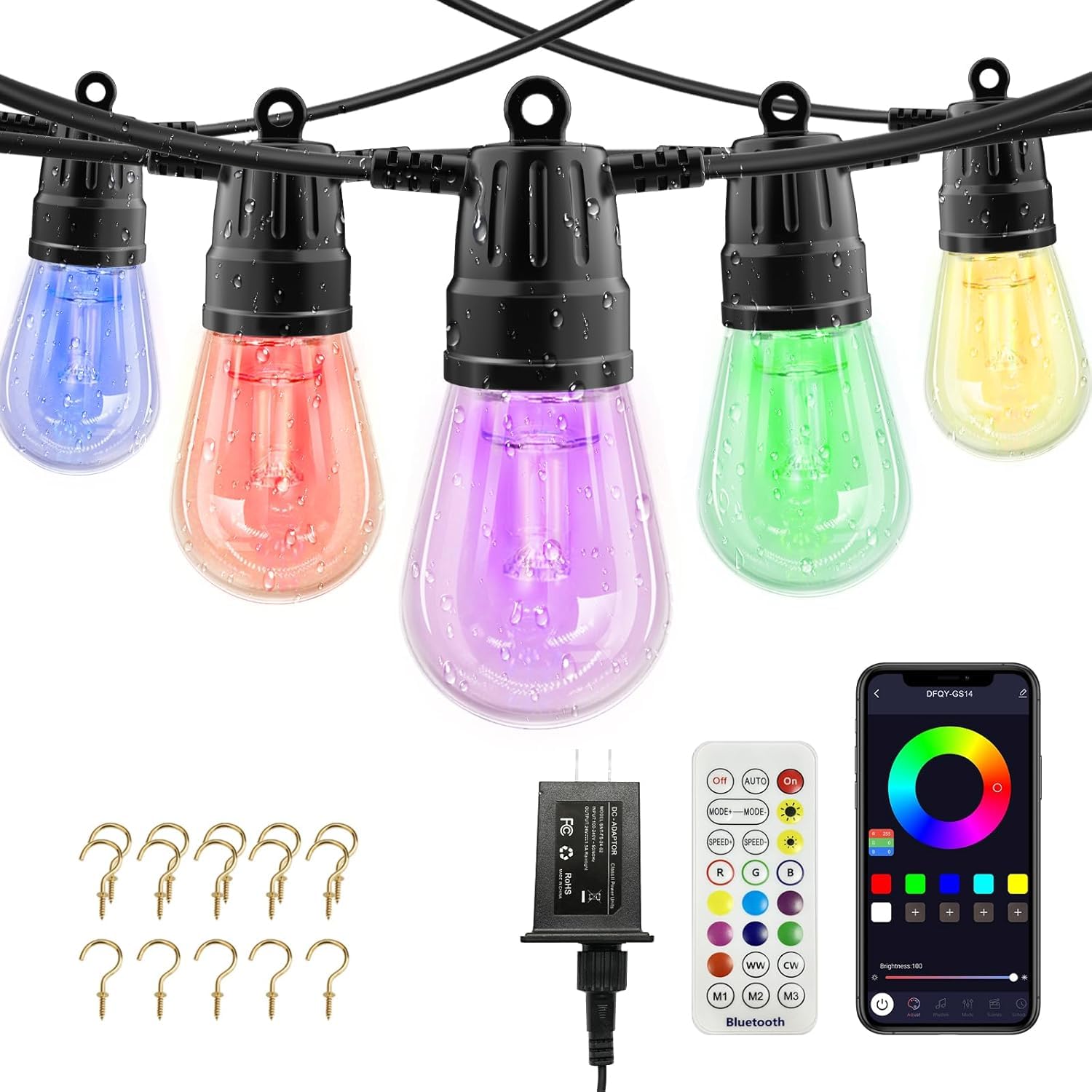 YSJ Outdoor String Lights 49FT, Smart Outdoor Light for Patio with 15 Dimmable RGBW LED Bulbs,IP68 Waterproof Shatterproof,DIY E