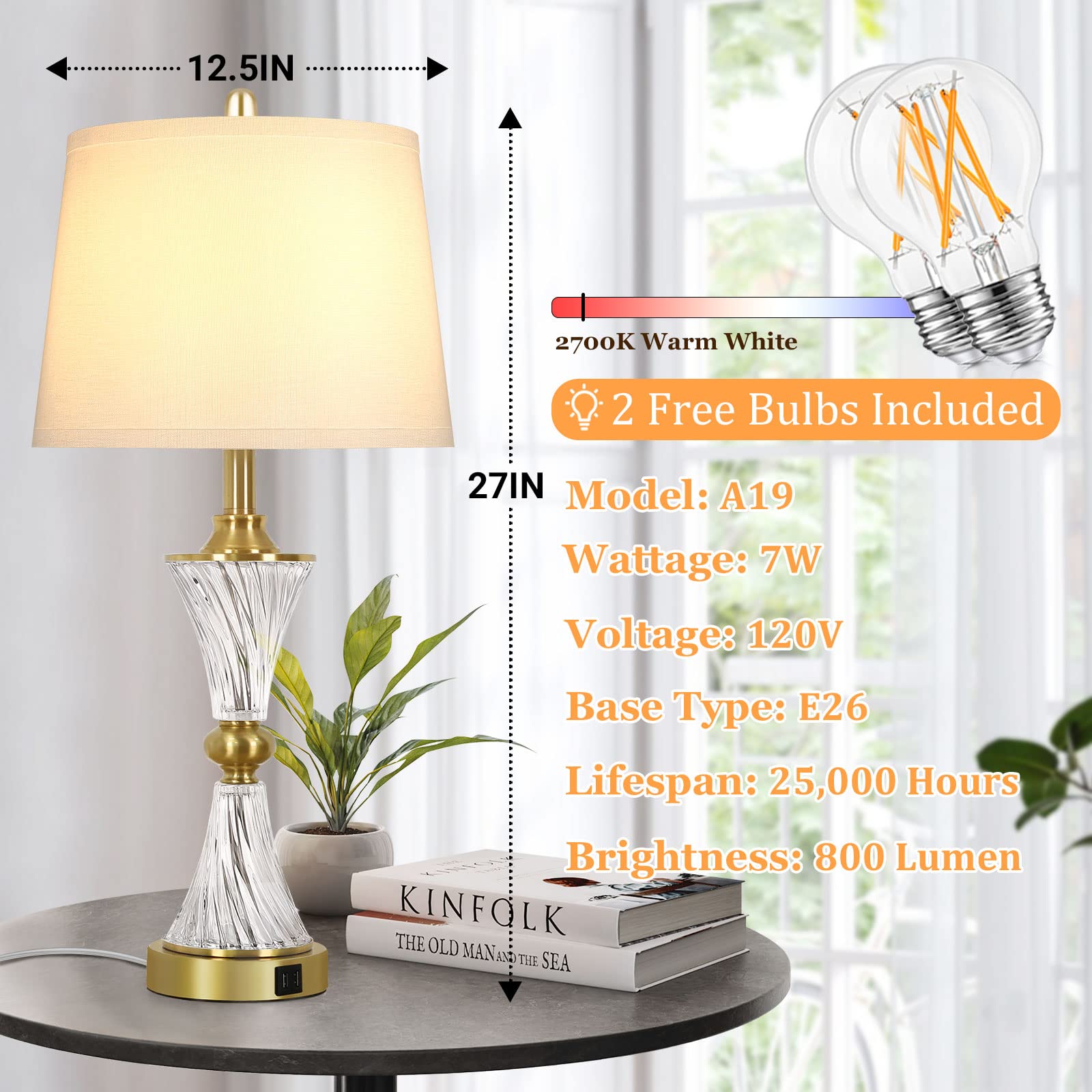 Verron Touch Control Dimmable Gold Crystal Table Lamps, Usb Ports, Set Of 2, White Shade