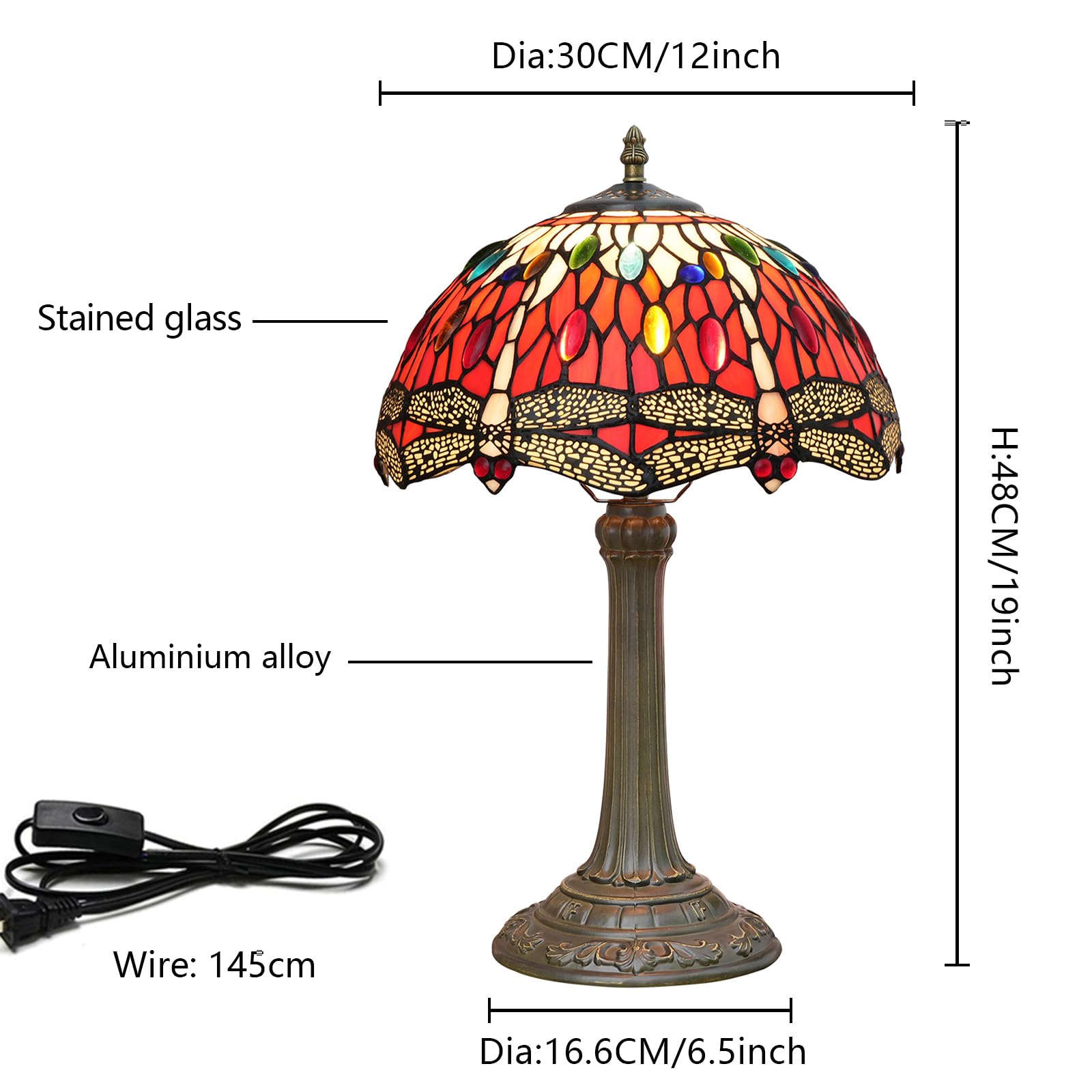 Blivuself Tiffany Lamp Dragonfly Style Stained Glass Red Lamp 12 Inch Bedside Table Lamp Retro Metal Reading Lamps For Dorm Offi