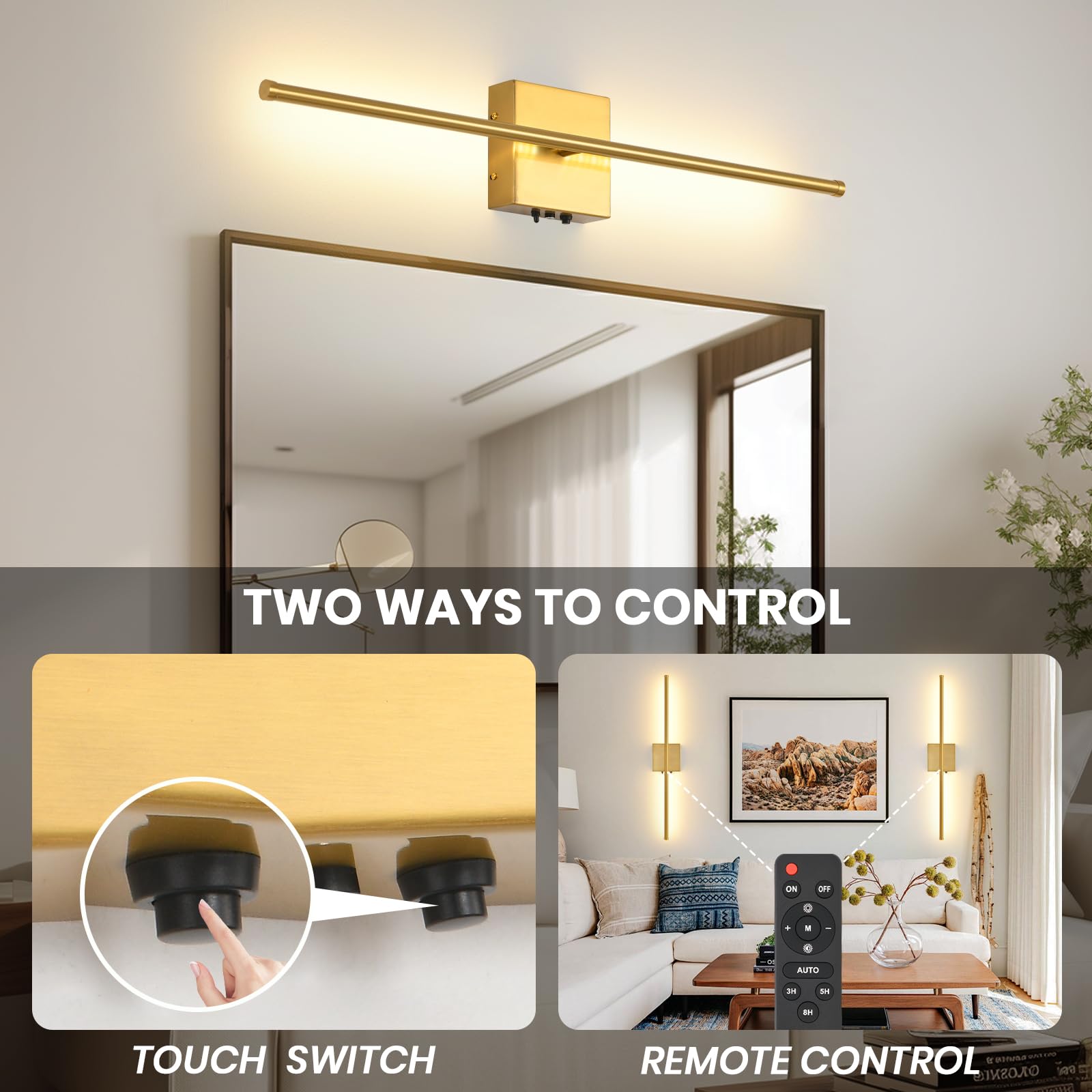 Battery Operated Wall Sconces Set Of 2, 11000Mah Wireless Rechargeable Gold Wall Lights With Remote Control, 350Rotate Dimmable