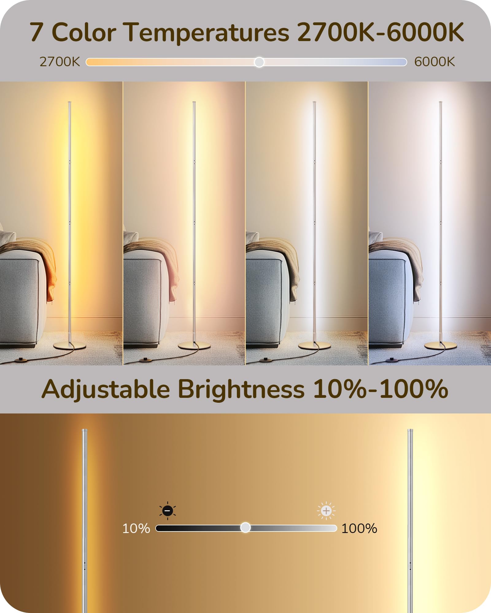 Edishine Led Floor Lamp, Set Of 2 Modern Minimalist Corner Lights, 57.5'' Adjustable Height - 7 Color Temperature 3000-6000K Dim