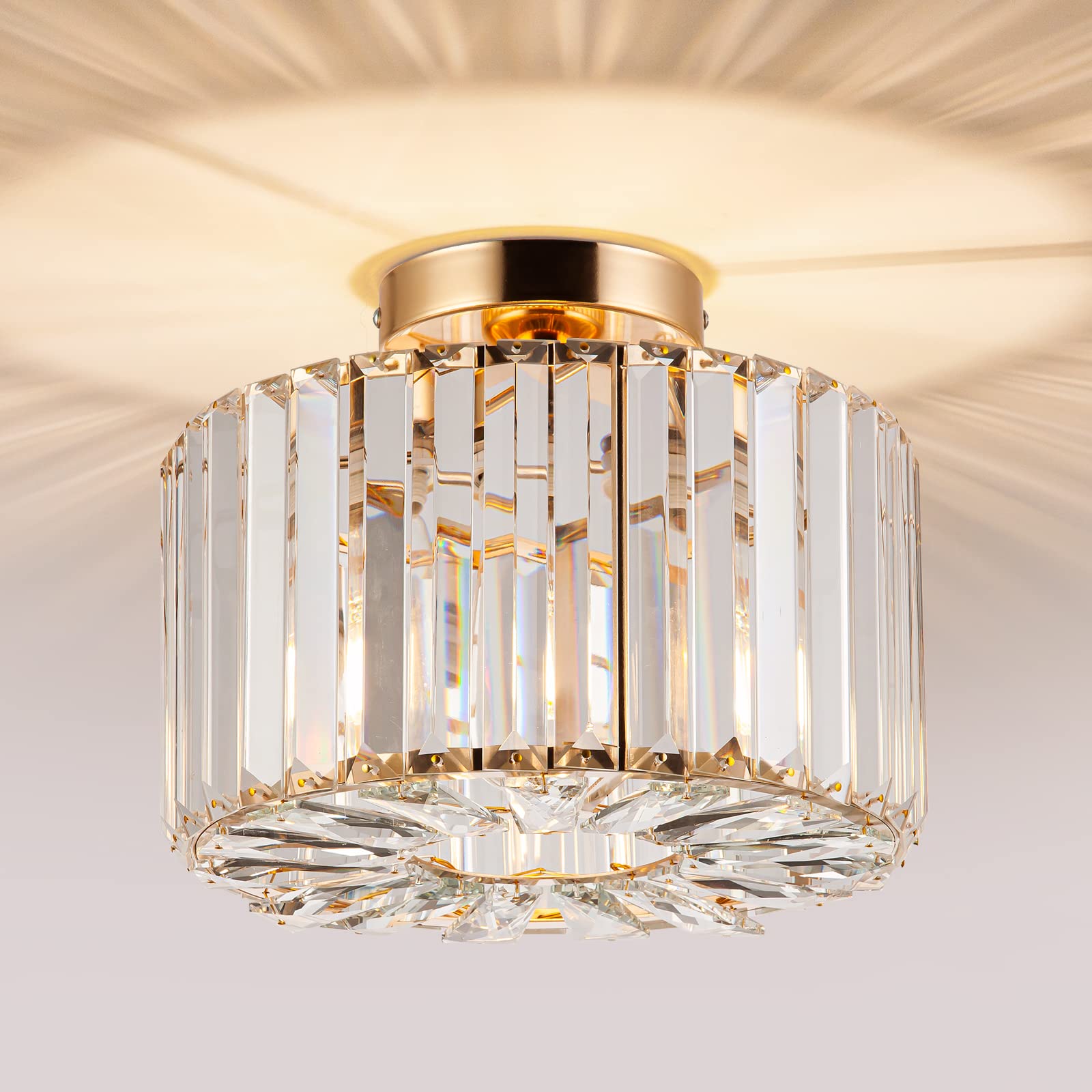 Hopggie 10.6 Inch Gold Chandelier Flush Mount Ceiling Light Mini Small Crystal Chandeliers Modern Hallway Light Fixtures Ceiling