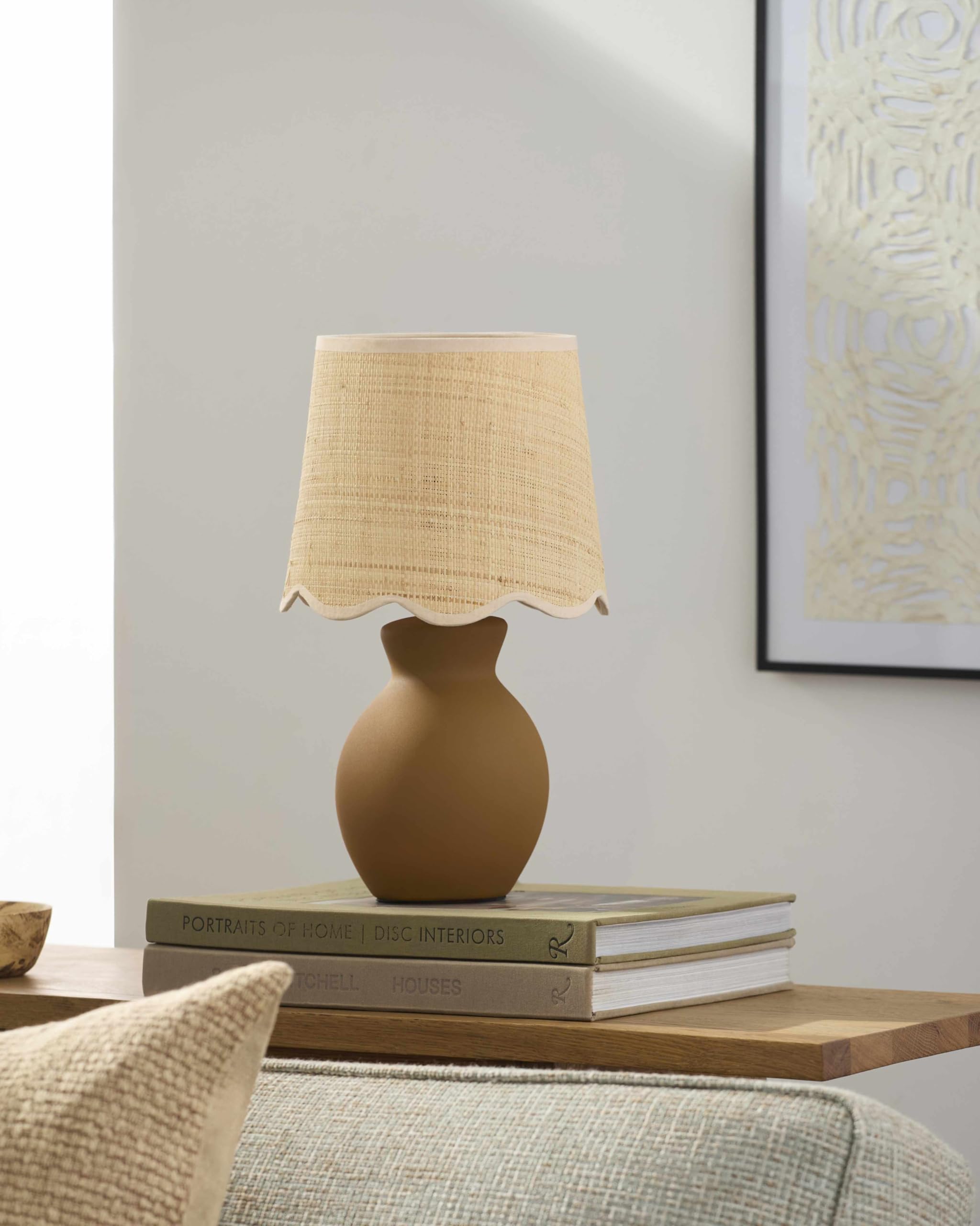 BoutiqueRugs Boho Ceramic Jute Bedside Table Lamp 15inH Tan Beige Model SPXZVC6-073