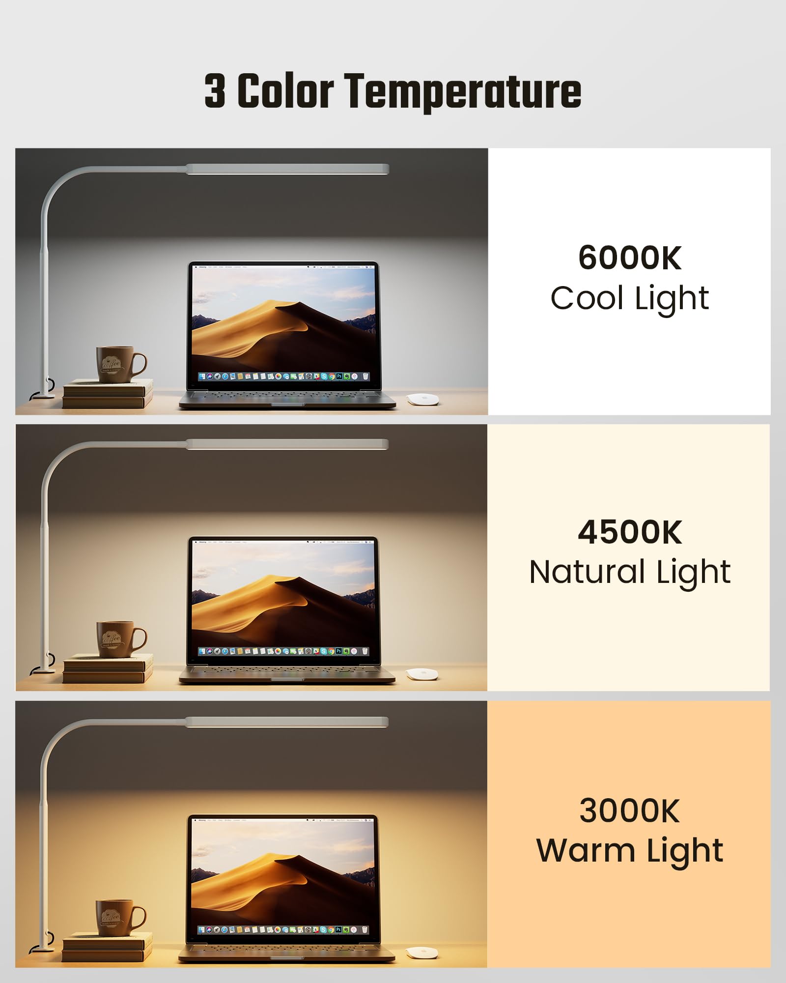 SUPERDANNY Eye-Caring LED Desk Lamp, 360° Flexible Gooseneck, Touch Control, Clamp Mount, Aluminum, White, Model SDDL04