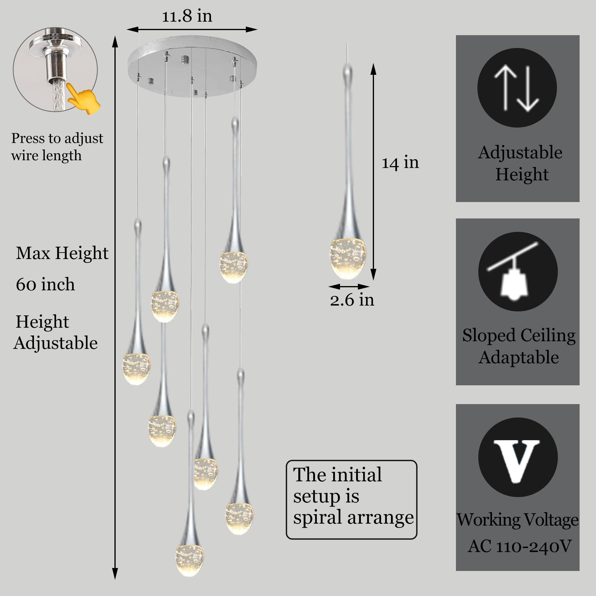 Upfelw Modern 7-Lights Chrome Crystal Chandelier, Dimmable LED Raindrop Fixture for Foyer, Model UCC-S07-0436