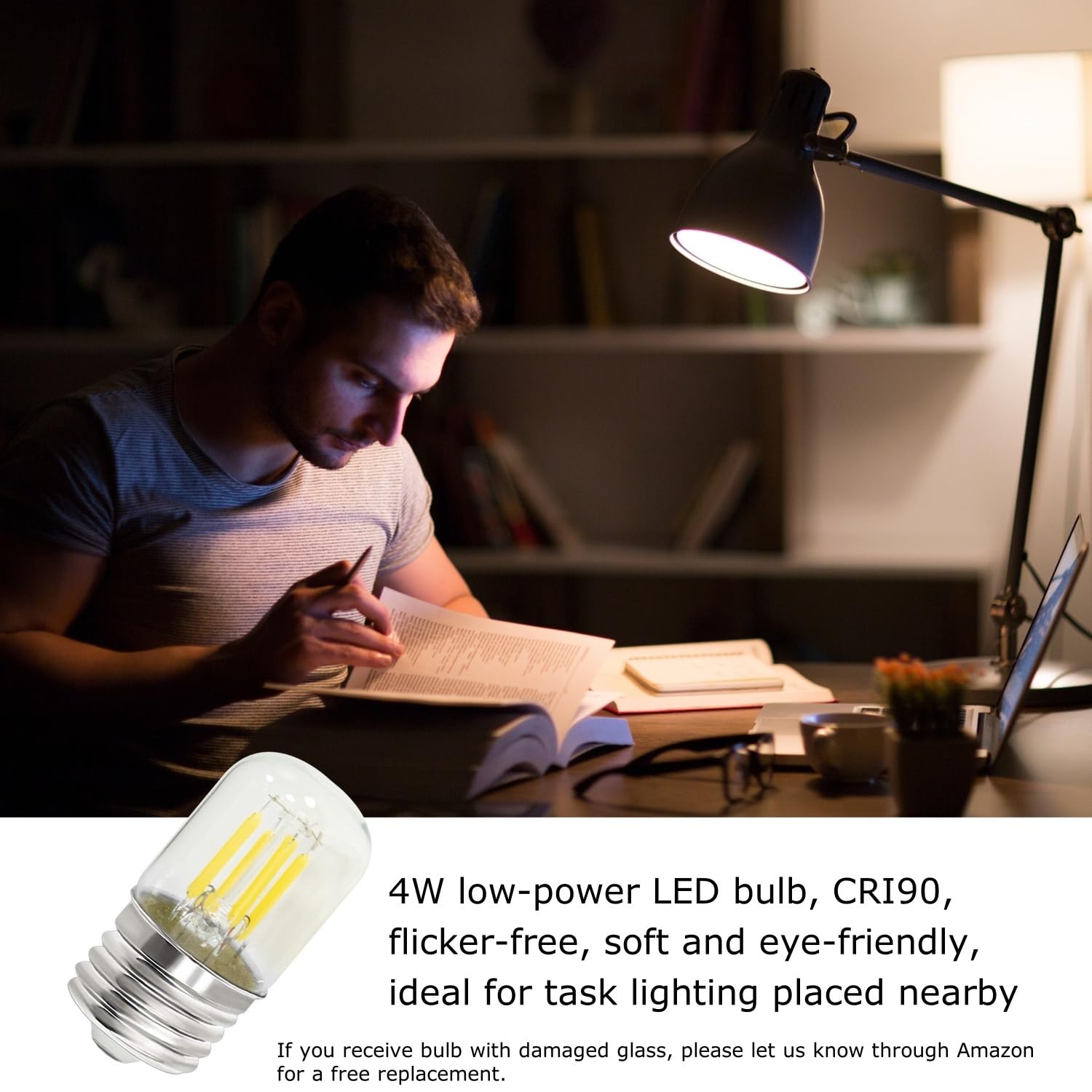 Jensense E26 Led Bulb 4W (40W Equivalent) Cool White 2 Pack For Refrigerators, Desk & Floor Lamps, Model Etl-Lbcst28E26