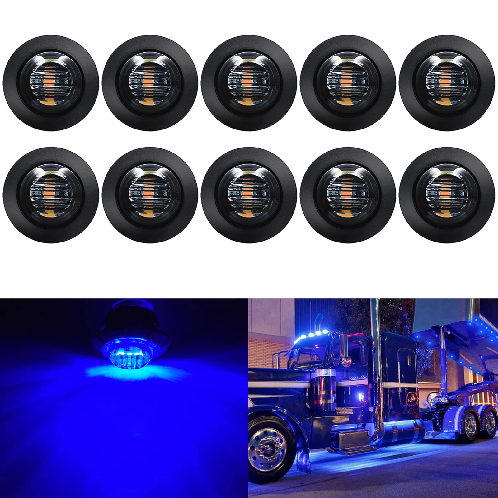 KEING 10 Pack Sealed Waterproof Mini Round 3/4 Inch Blue LED Marker Lights Signal Light 12V for Trailer Truck Bus Pickup Van ATV RV Lorry Caravan  5 Years Warranty (Smoked Lens)