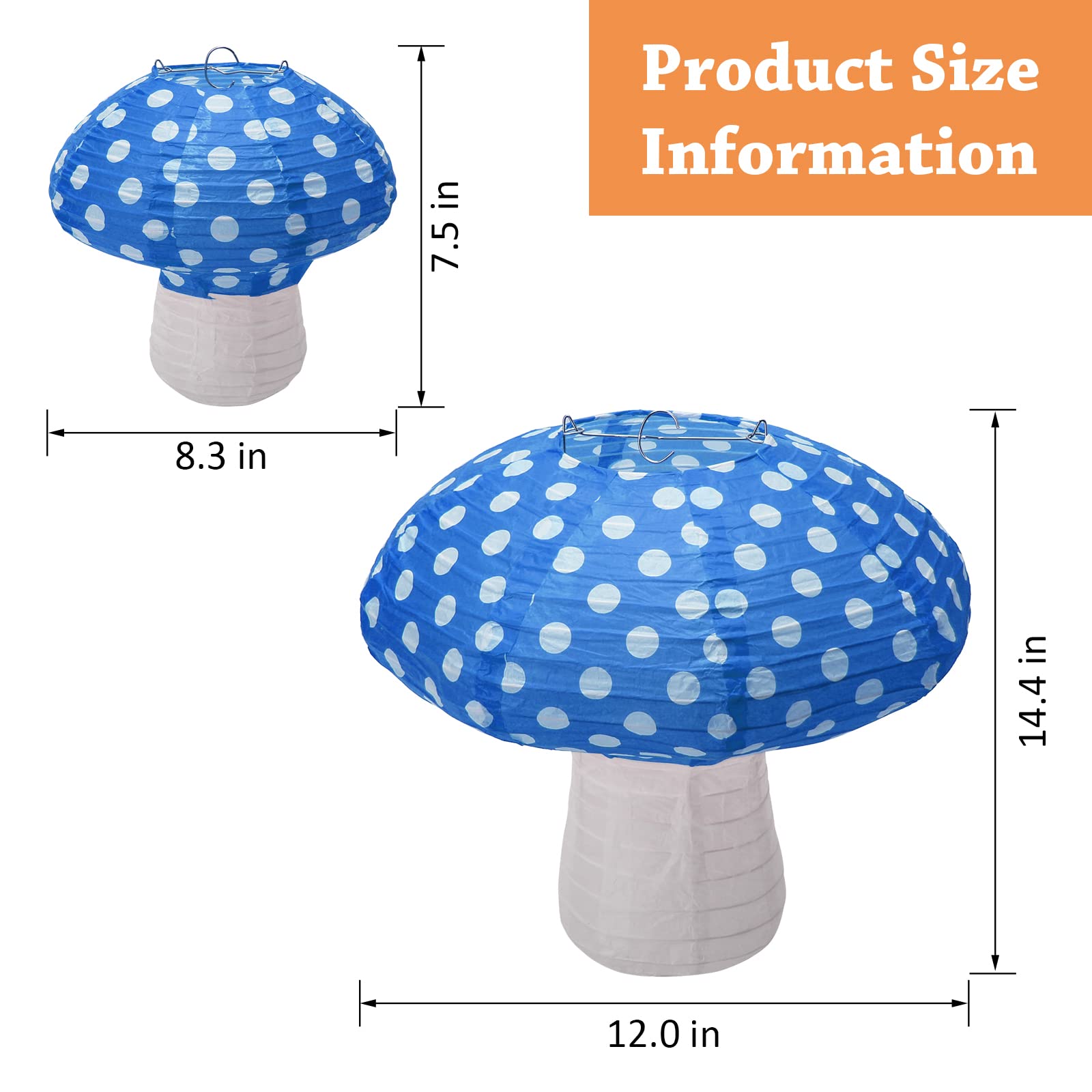 Windspeed Mushroom Shaped Paper Lanterns, 8 inch & 12 inch, Blue, Set of 4 for Nursery Garden Christmas Party Decoration