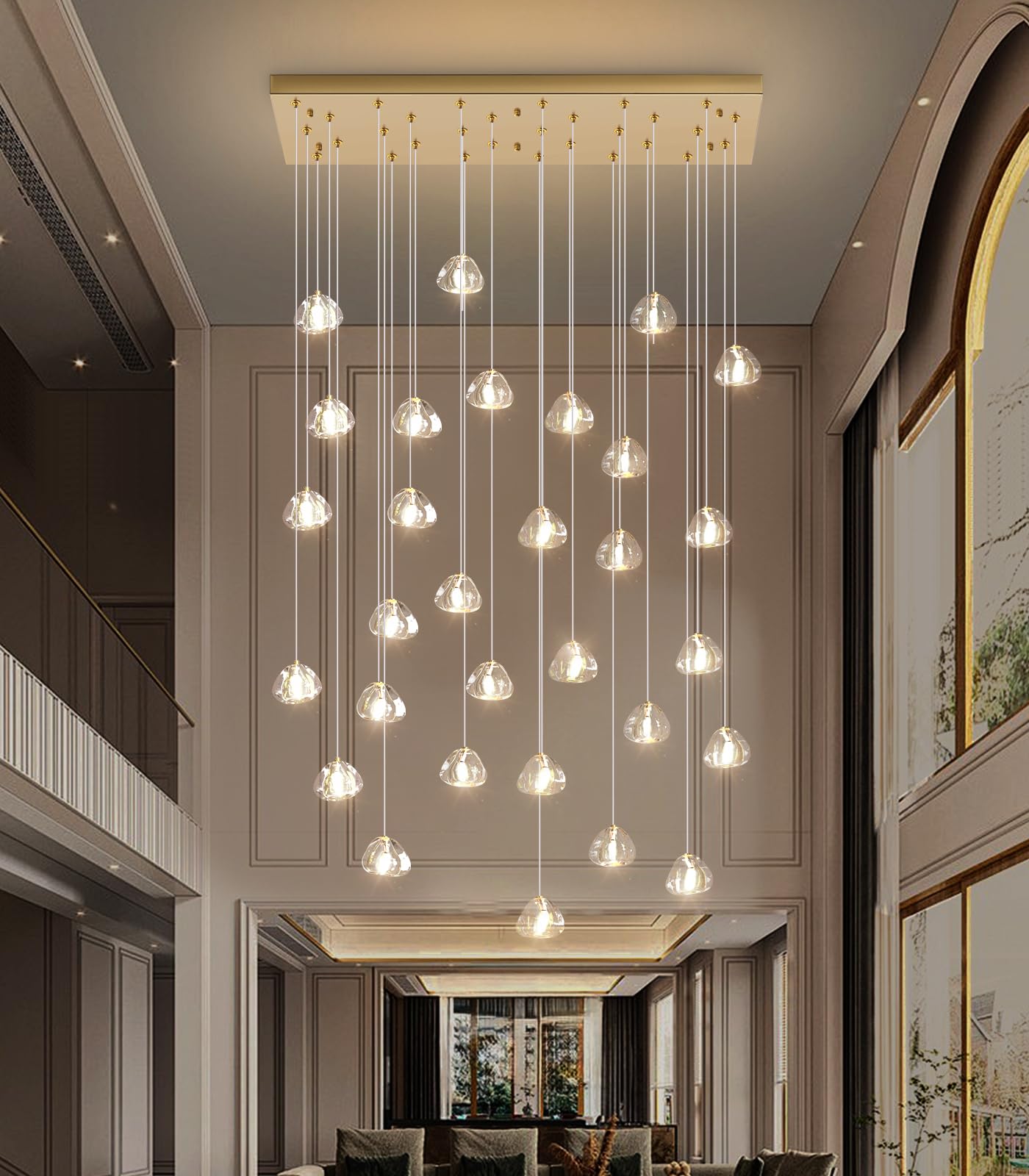 HAIXIANG Glam Chandelier Bubble Crystal Pendant Light Fixture, Dimmable, Antique Gold, 30 Lights Rectangular, Model MMQ9025