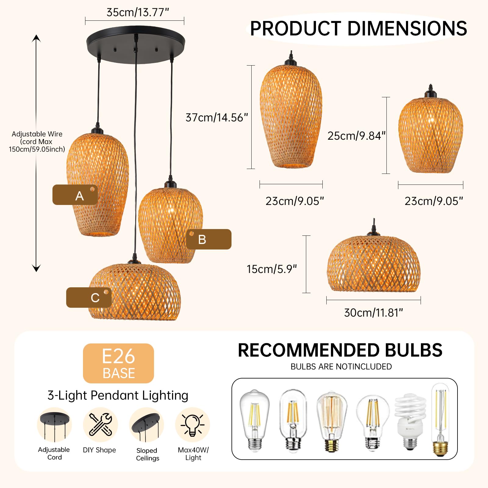 Aoodu Rattan Pendant Light Bamboo Hanging Light 3-Lights Boho Pendant Light Fixture Woven Basket Wicker Shade Rattan Chandelier