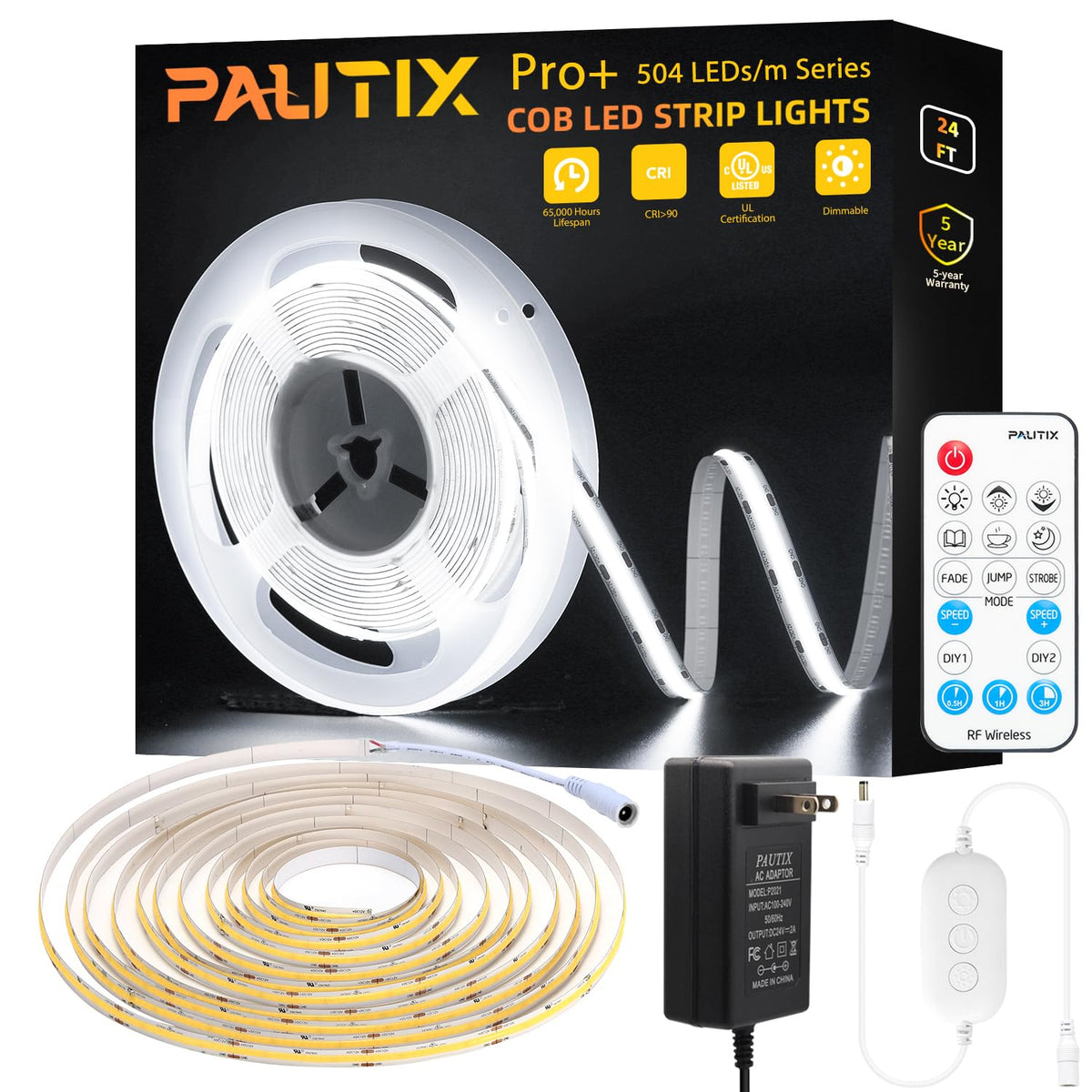 Pautix Cob Led Strip Light 3780Leds,Super Bright 8000Lumen 6500K White 24Ft/7.5M,Dimmable 24V Led Tape Light With 3M Tape,Rf Rem
