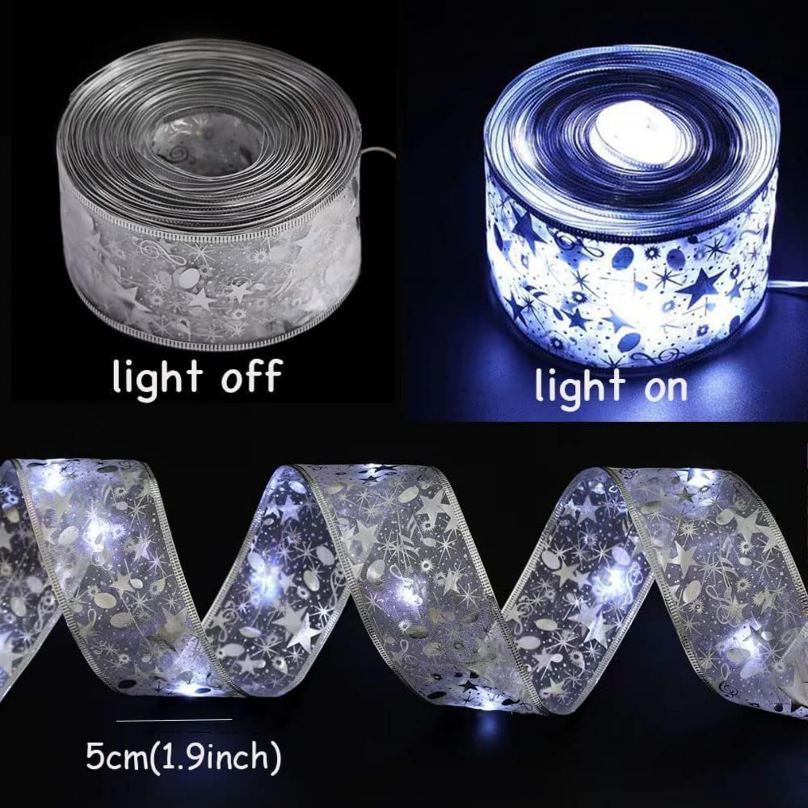 Yungsun Christmas Tree Decorations, 64Ft 200 Led String Lights, Battery-Powered Copper Wire Christmas Tree Silver Ribbon Lights For Holiday Party Weddings Indoor Outdoor Christmas Tree Decorations