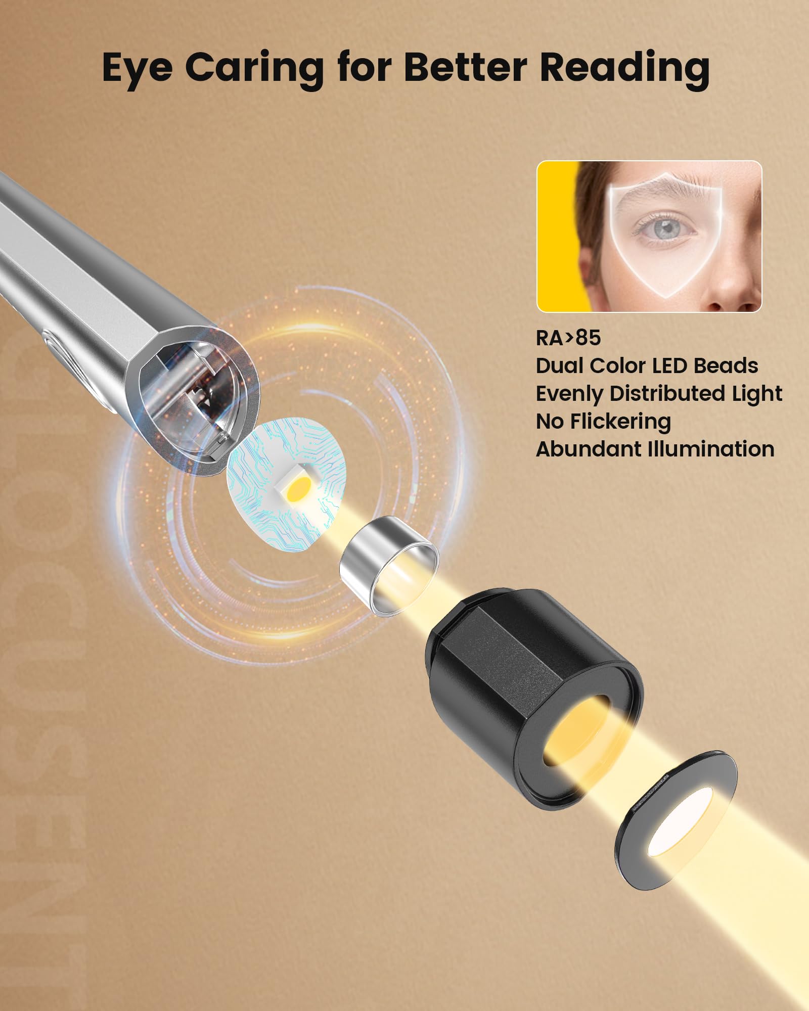 Glocusent Book Light, 3-Color 6-Brightness, Bendable Neck, Rechargeable, Black, Model GLCSNTBL001-EVA