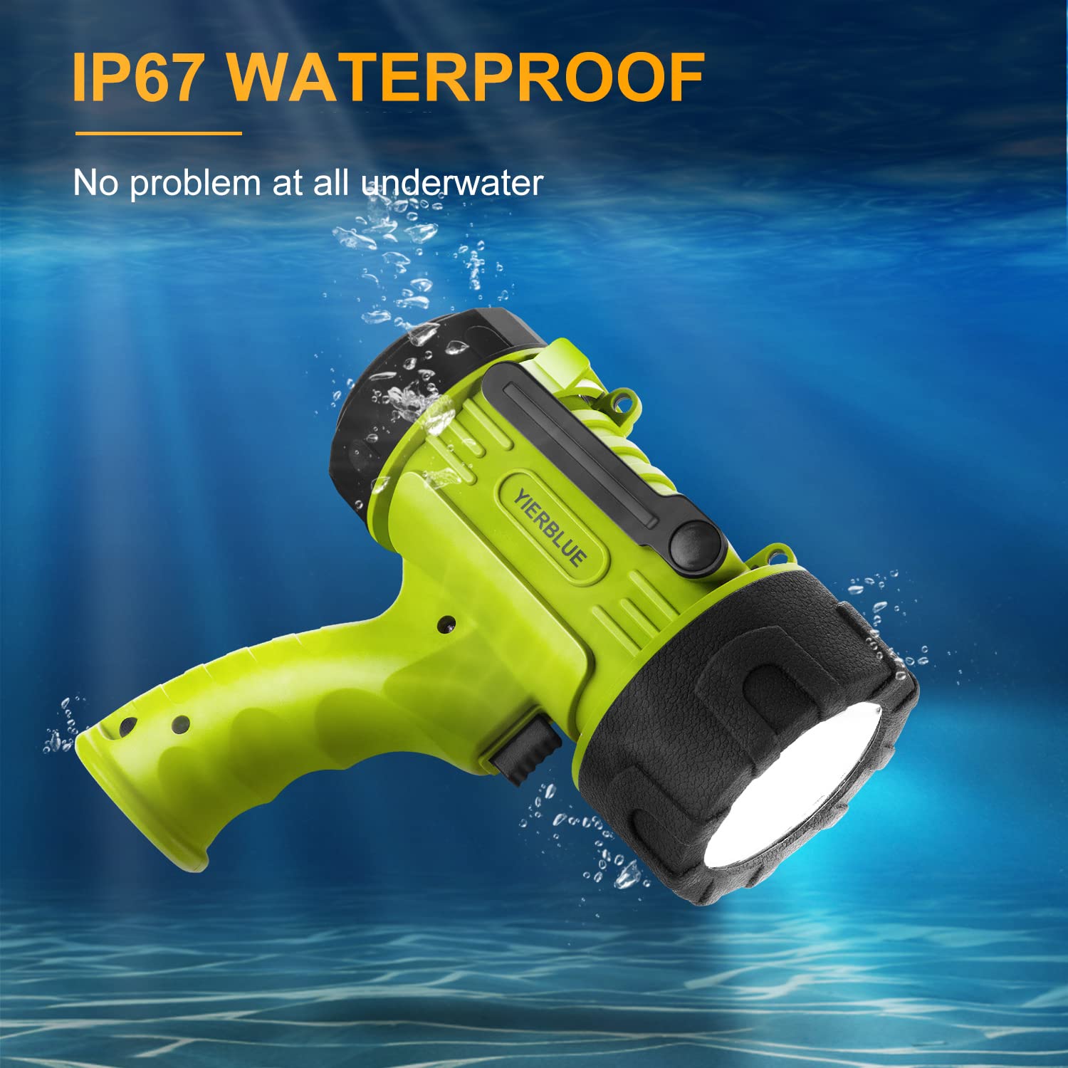 YIERBLUE Rechargeable Spotlight Flashlight, 300000 Lumen LED, IP67 Waterproof, Model YBN-20000F, Fluorescent-Pro, Impact Resistant