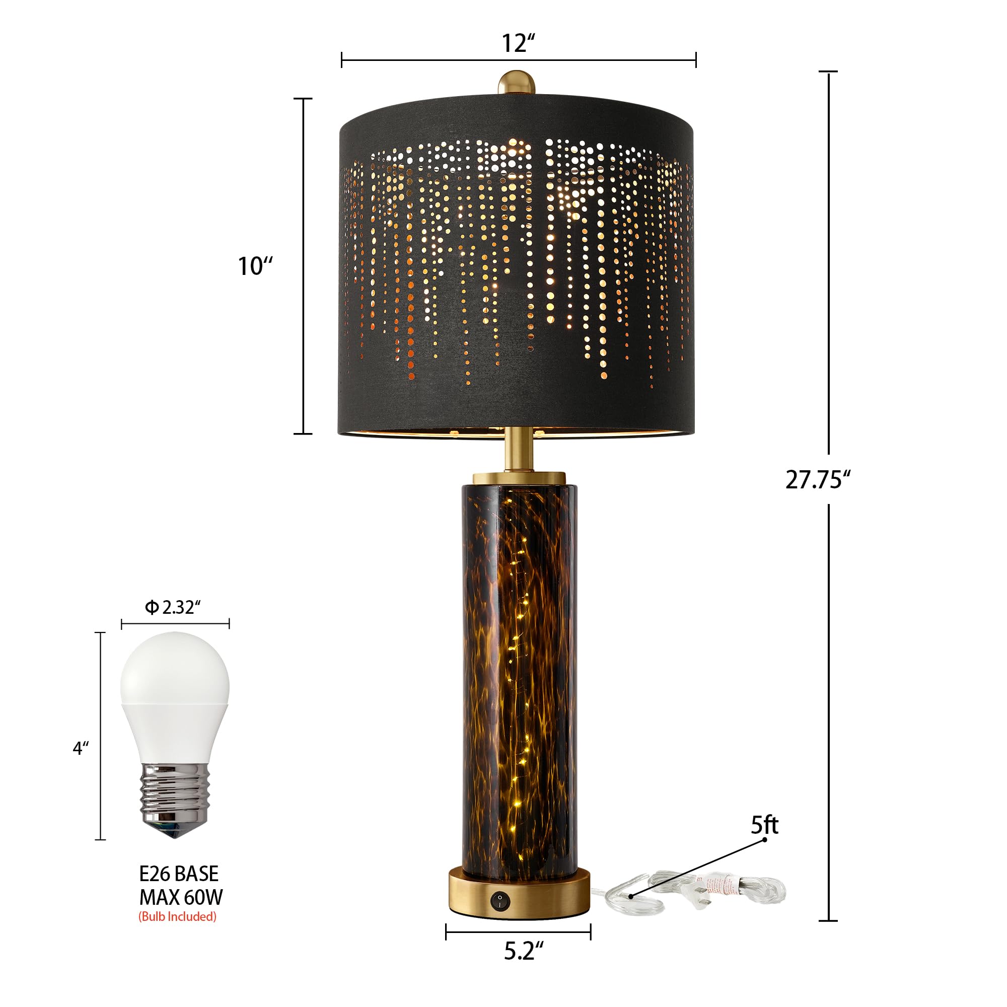 Oneach Modern Table Lamps Set of 2, 27.75" Gold Leopard Glass, USB A+C, Black Crystal Shade, Model AMZ-T1223GL-U