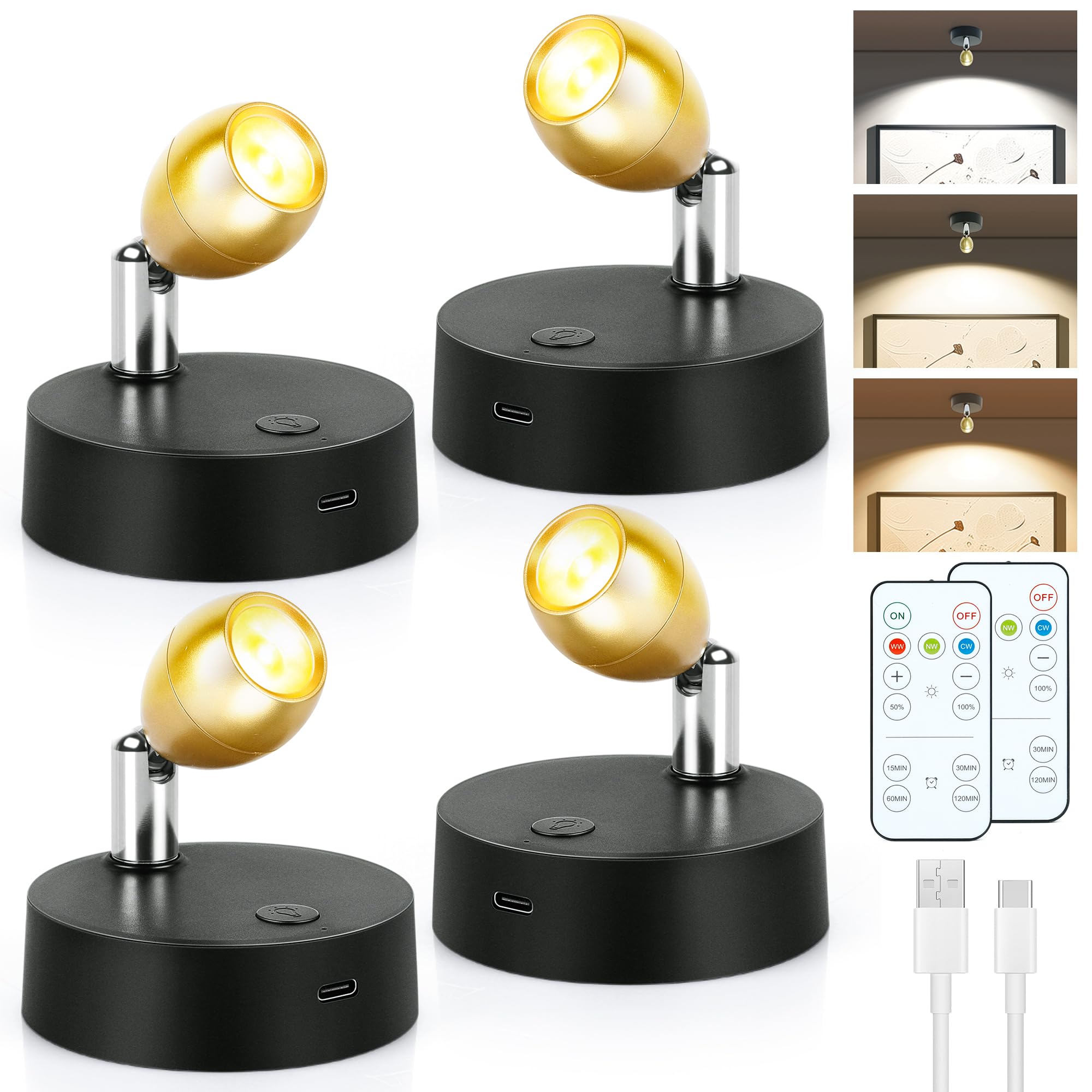 4Pack Rechargeable Spot Lights Indoor, Wireless Tree Lights Indoor with Remote Control Timer&Dimmable, 3CCT LED Uplighting Indoo