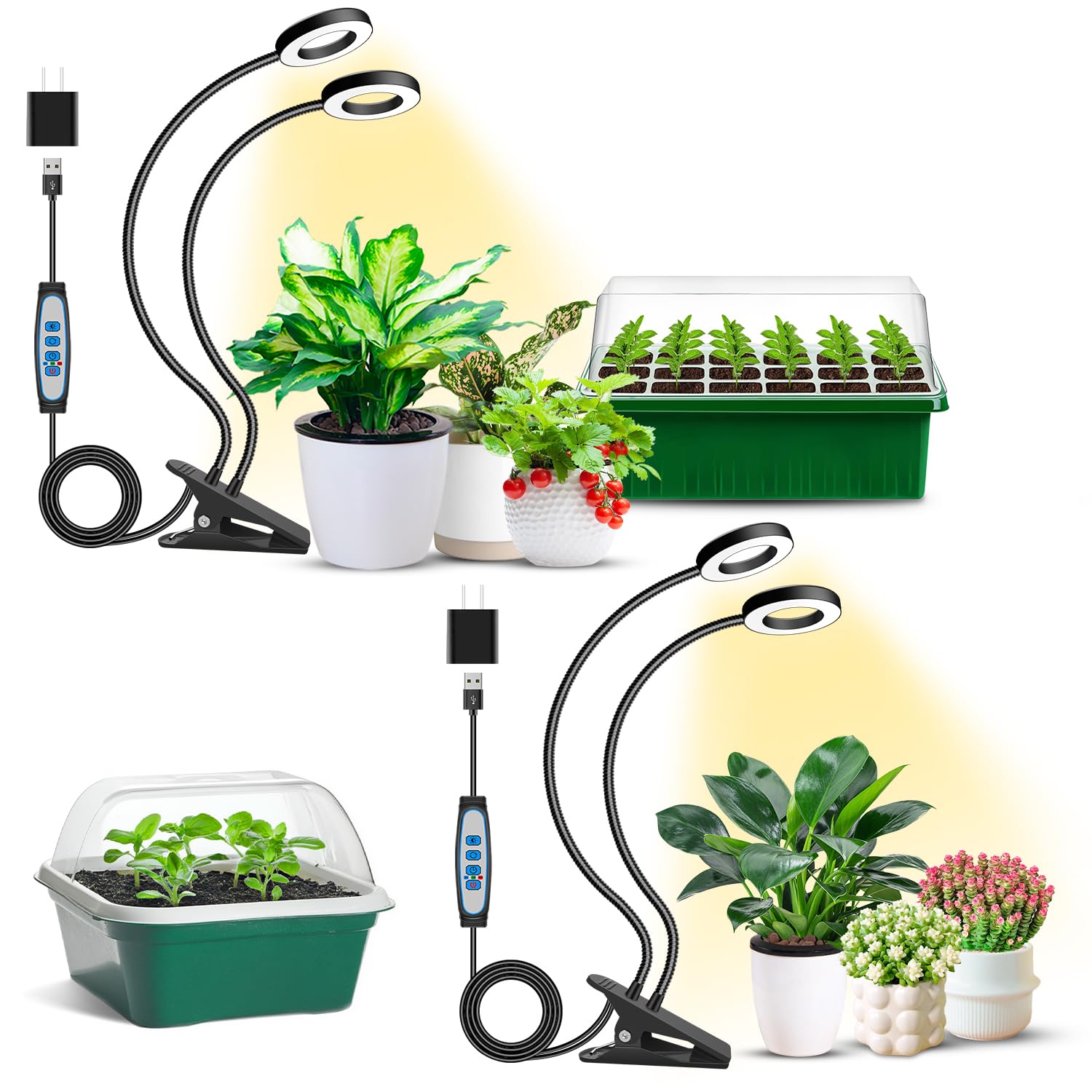 Eurbolan Plant Lights for Indoor Growing 2 in 1 Halo Grow Light with Clip 192 LED Full Spectrum Clip On Plant Grow Lights with 360gooseneck 3 Spectrum Modes  6/12/16Hrs Auto Time&5 Brightness 2 Pack