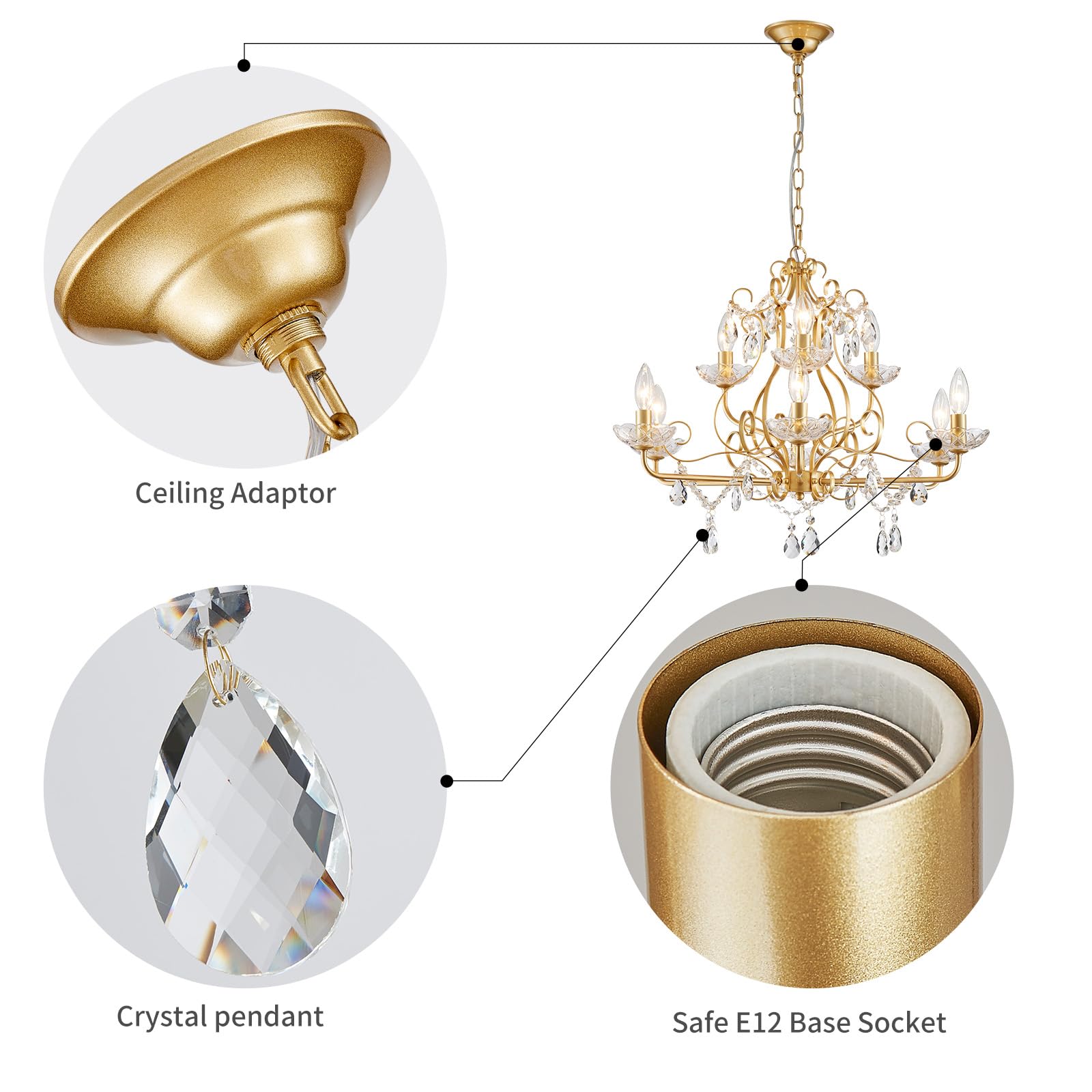 WUZUPS 9-Light Crystal Chandelier, Gold Metal Flushmount, H 18.1" x W 25.6", Modern Lighting for Bedroom, Hallway, Kitchen, Bathroom