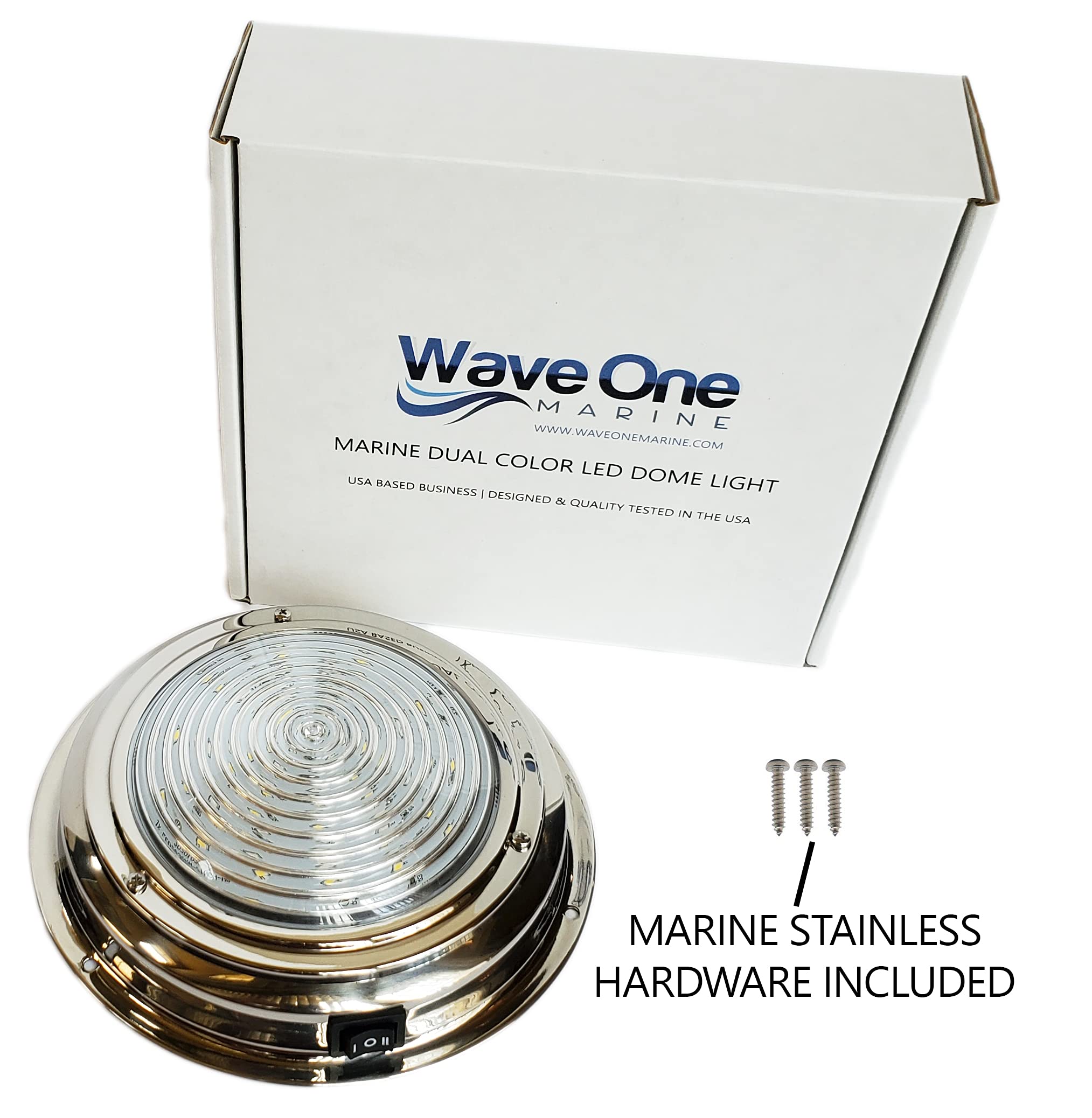 Wave One Marine Dual Color 7'' Led Boat Dome Light 12V Rv | Stainless Housing | Ceiling Cabin Room Surface Mount | Built In Rock