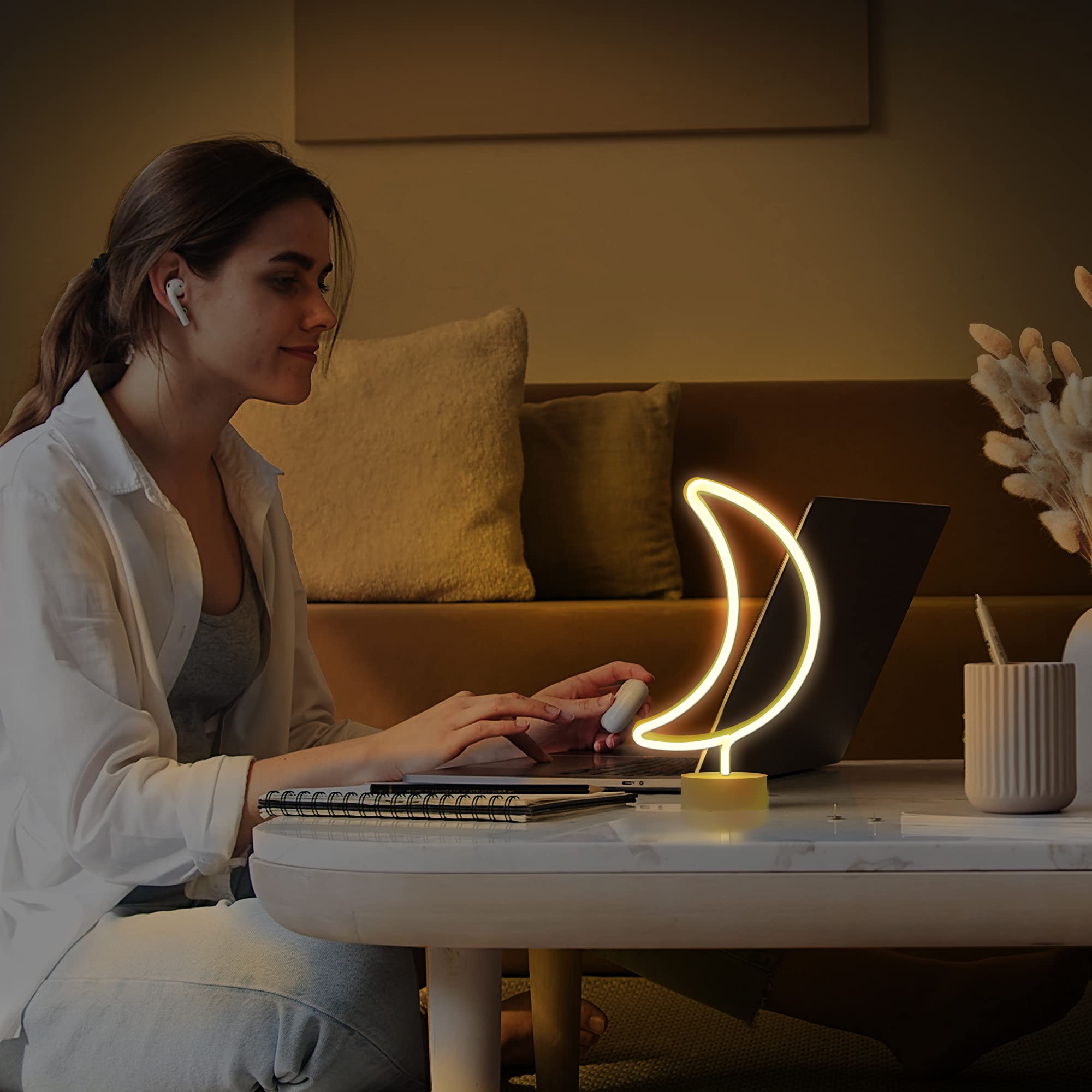 Lumoonosity Moon Neon Sign - Battery/Usb Powered Half-Moon Neon Light For Bedroom, Desk, Table Decorations - Warm White Cute Led