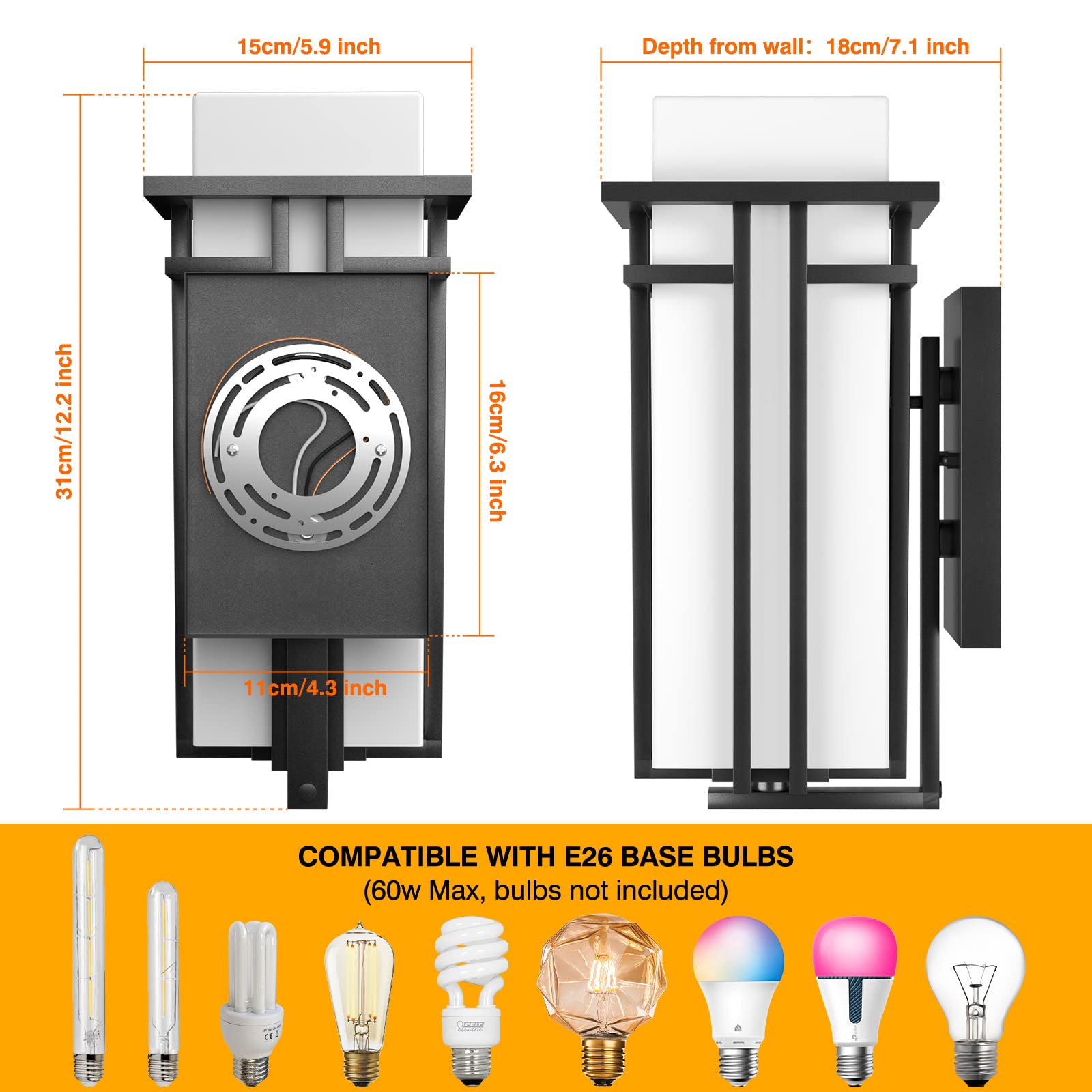 Yoenecea Outdoor Wall Light Fixture, Modern Aluminum & Frosted Glass, 12.2"H, Black, Model YX-BD01, Ideal for Garage, Porch, Patio