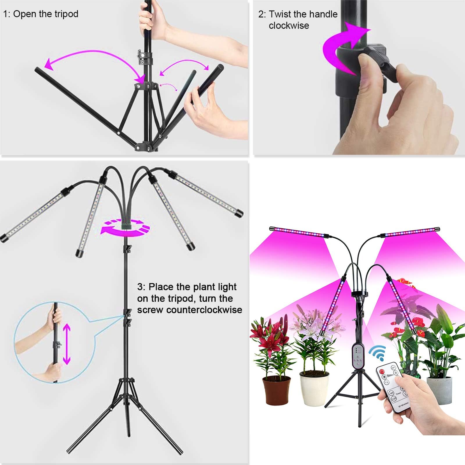 Growstar 80W Grow Light With Stand Tripod, 4 Heads Plant Light With Timer 4/8/12H, Grow Lamp Full Spectrum 360°Adjustable Gooseneck & Tripod For Indoor Plants.