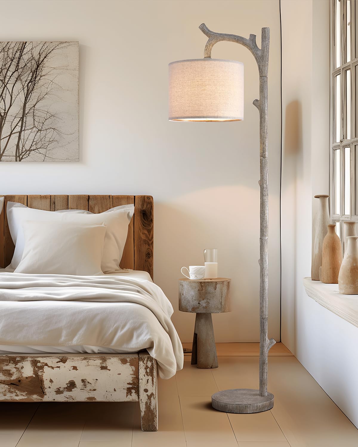 OYEARS Retro Farmhouse Floor Lamp - Rustic Tree Trunk Design, 59.75" Tall, Washed White Resin, Model AMZ-F1158RS