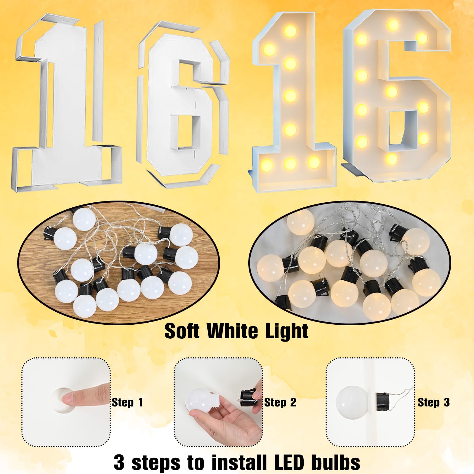 4Ft Light Up Numbers 16 Large Numbers With Lights Bulbs White Marquee Frame For 16Th Party Boys Girls Birthday Decorations Pre-Cut Mosaic Cardboard Giant Cut-Out Thick Foam Board Sign Anniversary