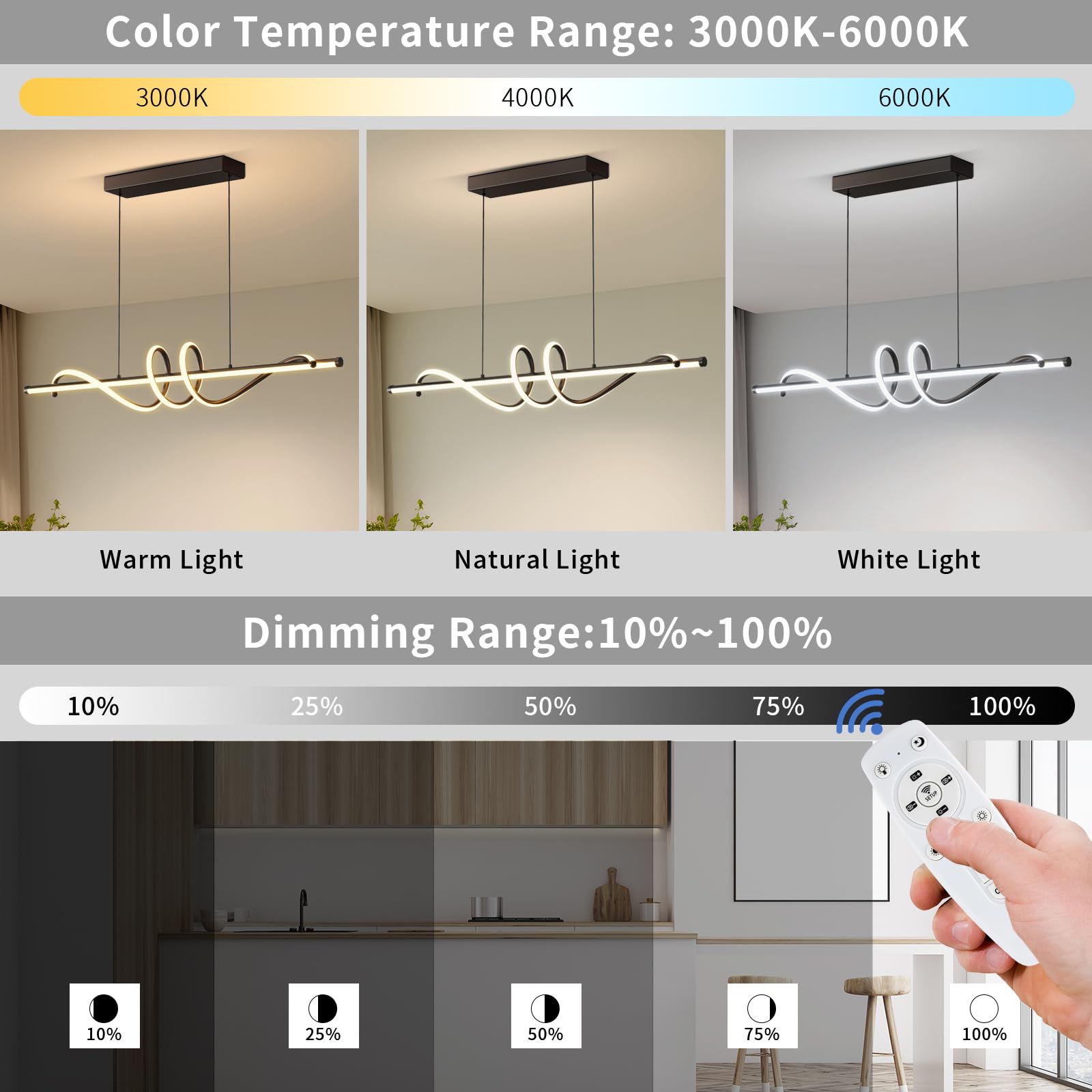 Zihoi Modern LED Pendant Light, Dimmable with Remote, 3000K-6000K Adjustable, 39in, Black, Model LX