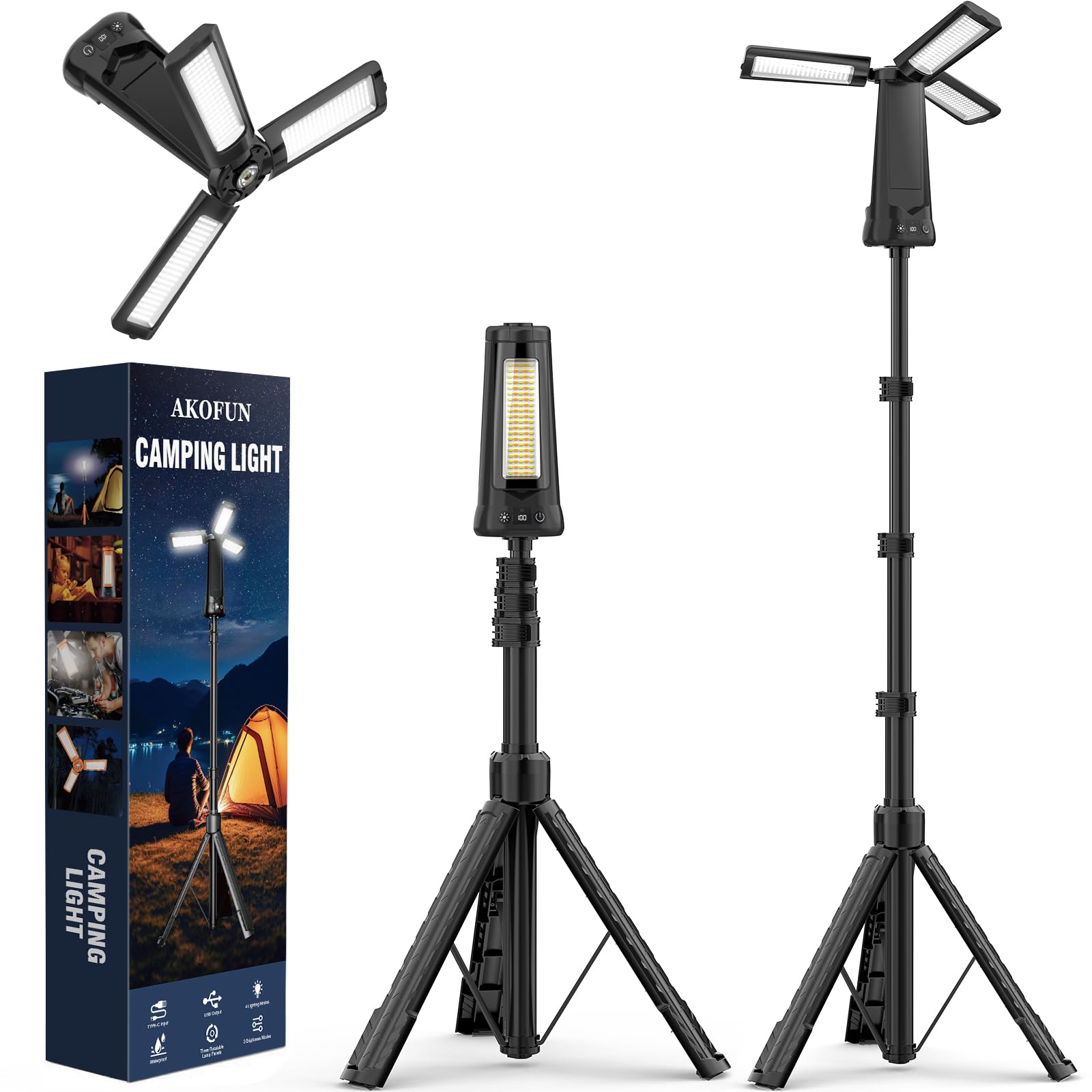 AKOFUN 15000 mAh Rechargeable Camping Light with Stand, Cordless Work Light with 3 LED Lamp Heads, 5500 Lumens Dimmable Camping 