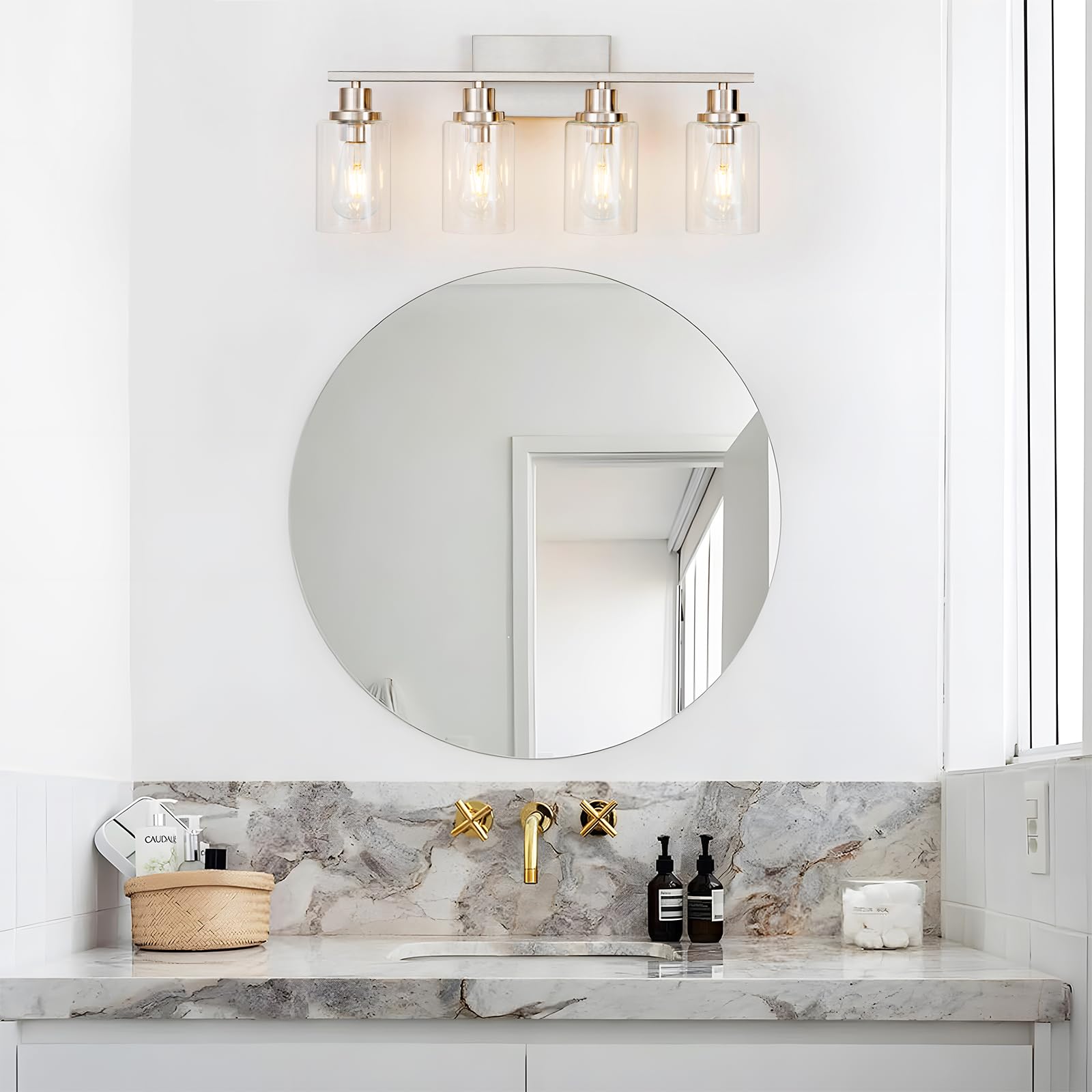HCCZ 4 Light Bathroom Vanity Light Fixtures Brushed Nickel Glass Shade Model 800-100-1080 for Modern Farmhouse Decor