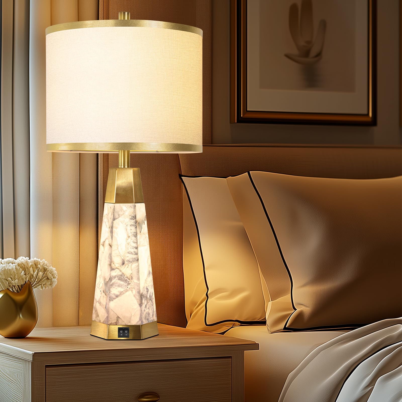KIVDITZO Alabaster Table Lamps Set of 2 with USB Ports, Night Light, White Linen Shade, Golden Colored-3, Model LPZL014