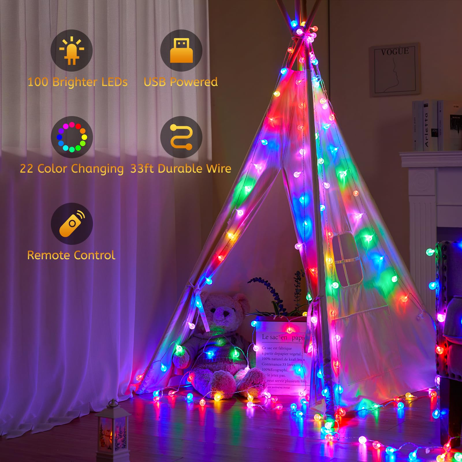 Minetom Usb Globe String Lights - 33 Ft 100 Led Color Changing Globe Fairy Lights With Remote And Timer, 16 Single Colors And 7 Modes Twinkle Lights For Bedroom Dorm Tent Bed Patio Christmas Party