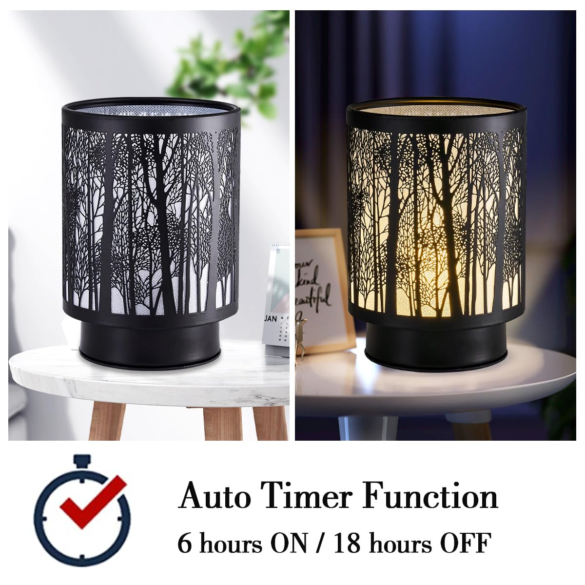 Battery Operated Lamp With Timer, Glass Cordless Lamp For Power Outage, Decorative Small Accent Lamp For Area No Plug, Battery Powered Lamp For Corner/Entryway/Stairway/Bathroom/Fireplace (Tree)