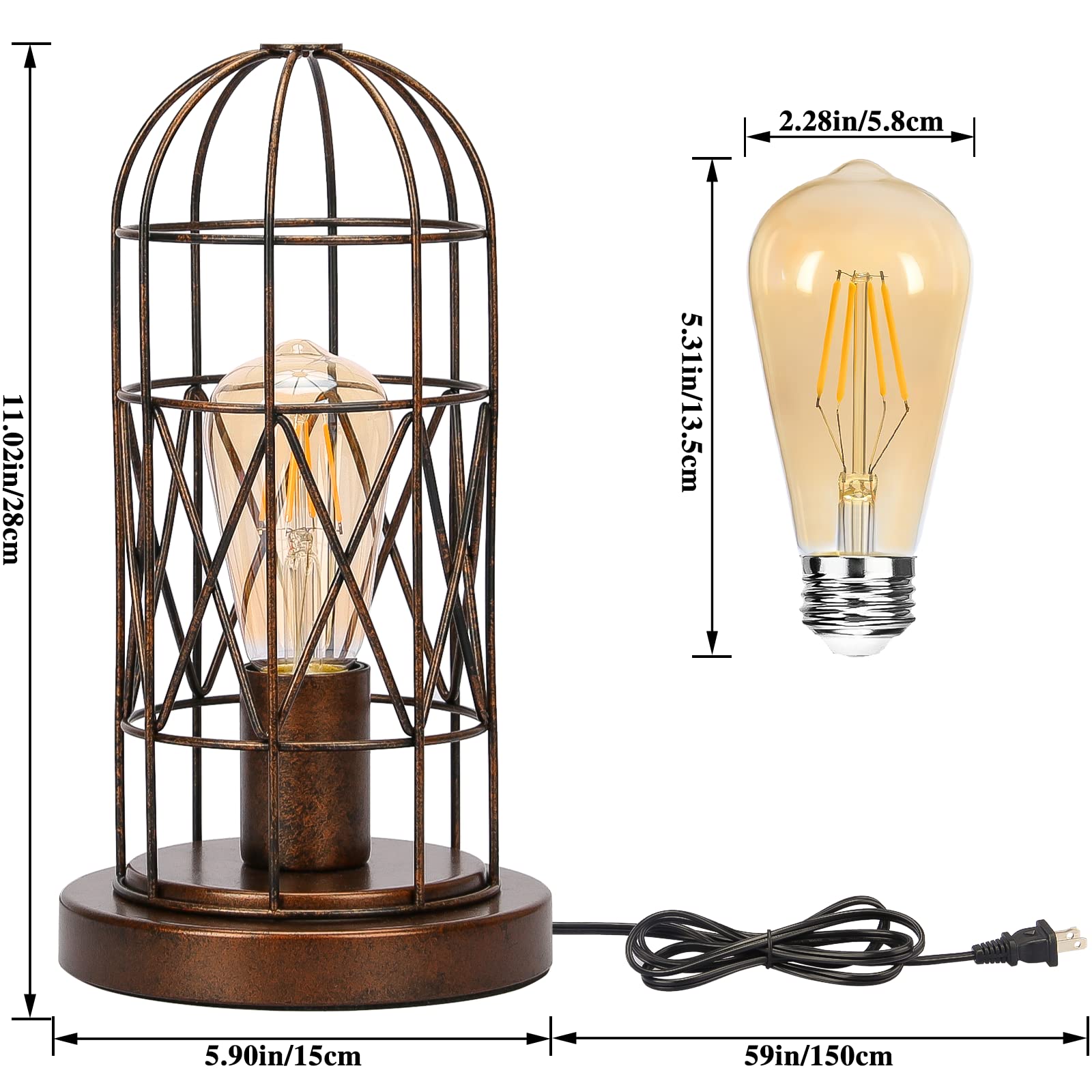 Industrial Antique Bronze Cage Table Lamp, 3-Way Dimmable For Bedroom & Living Room, Led Bulb Included