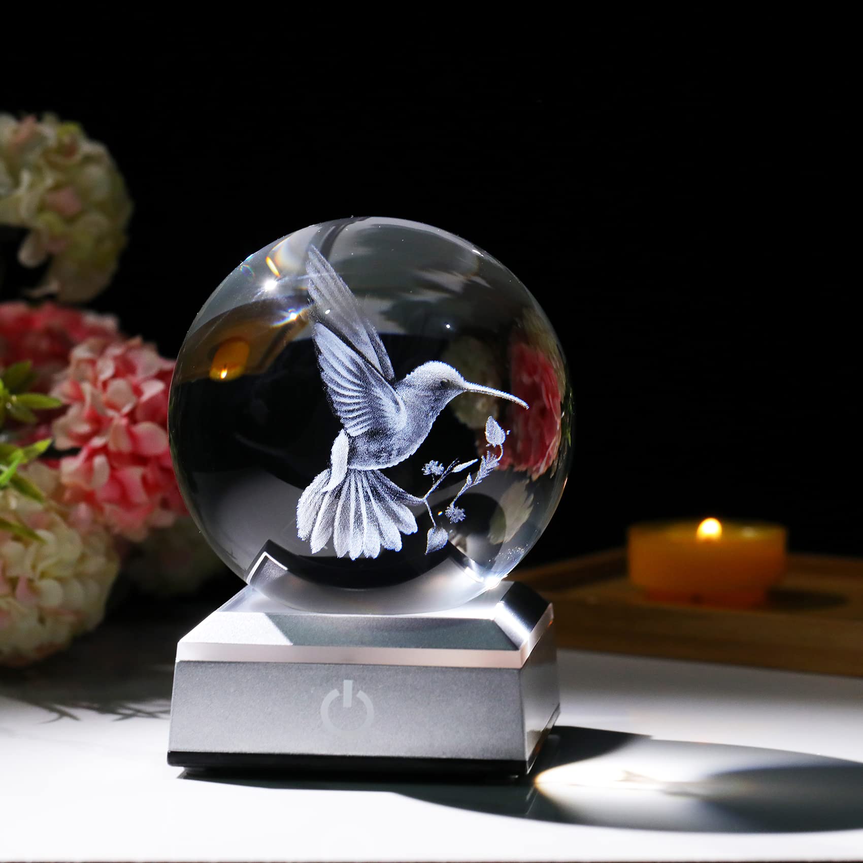 Ornalrist Crystal Ball 3D Engraved Hummingbird With Led Colorful Base, 3.15"/8Cm Animal Glass Sphere Ideas For Friends Home Decor Display, Gifts For Men Women On Birthday Christmas