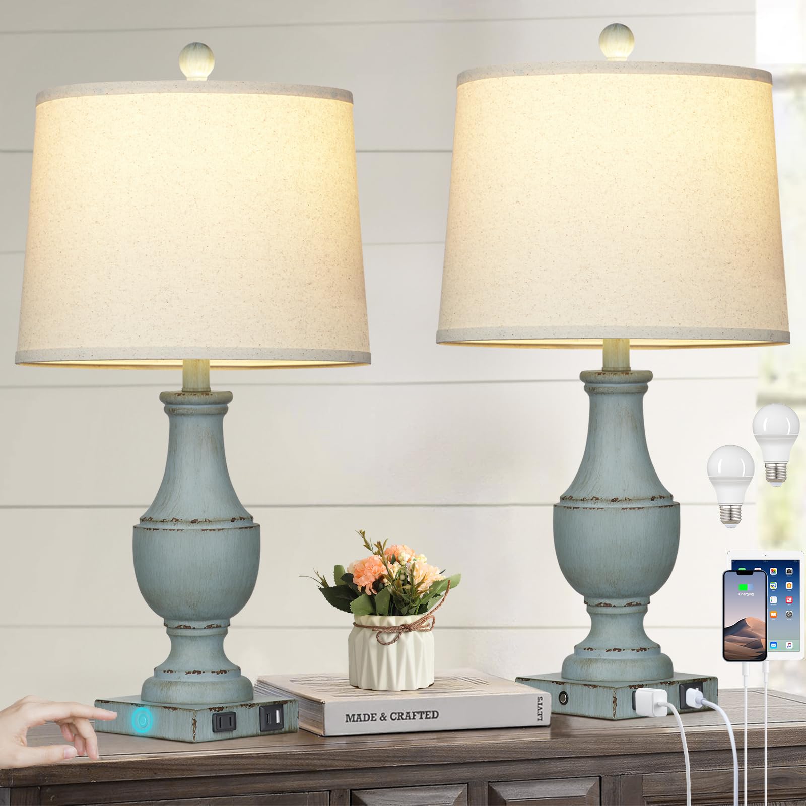 Farmhouse Table Lamps, Rustic 26'' Touch Control Bedside Lamps With Usb A+C Charging Ports & Ac Outlet, Vintage 3-Way Dimmable T