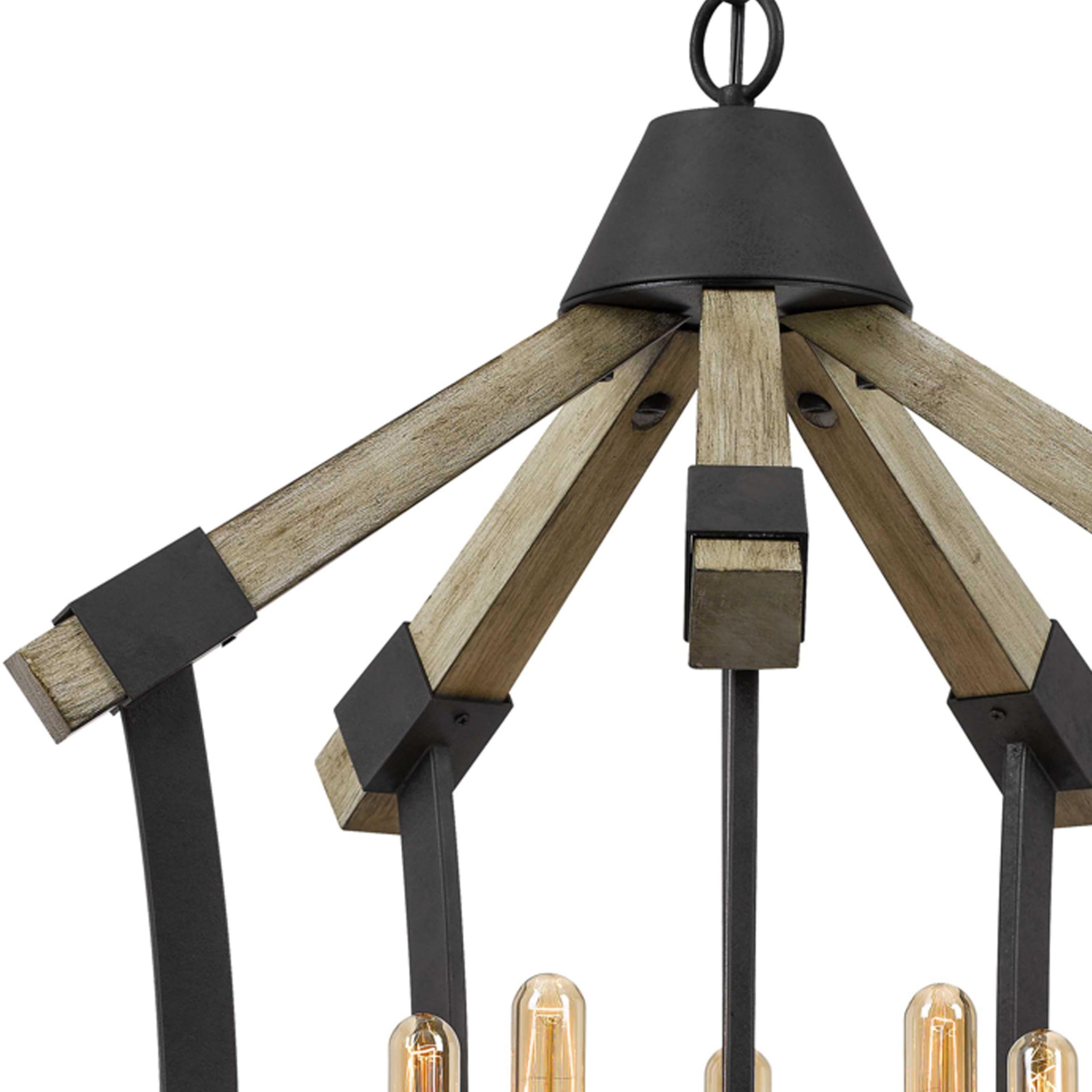 Benjara 5 Bulb Pendant Fixture With Wooden And Metal Frame, Brown And Black