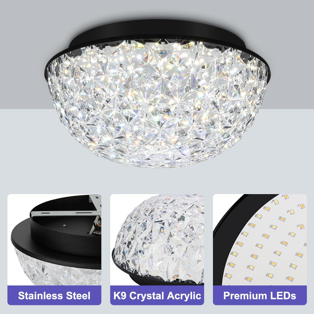 Bekada Modern Crystal Chandelier 12’’ LED Flush Mount Light Fixture, Dimmable, Black, ETL Listed for Dining Room, Kitchen, Living Room